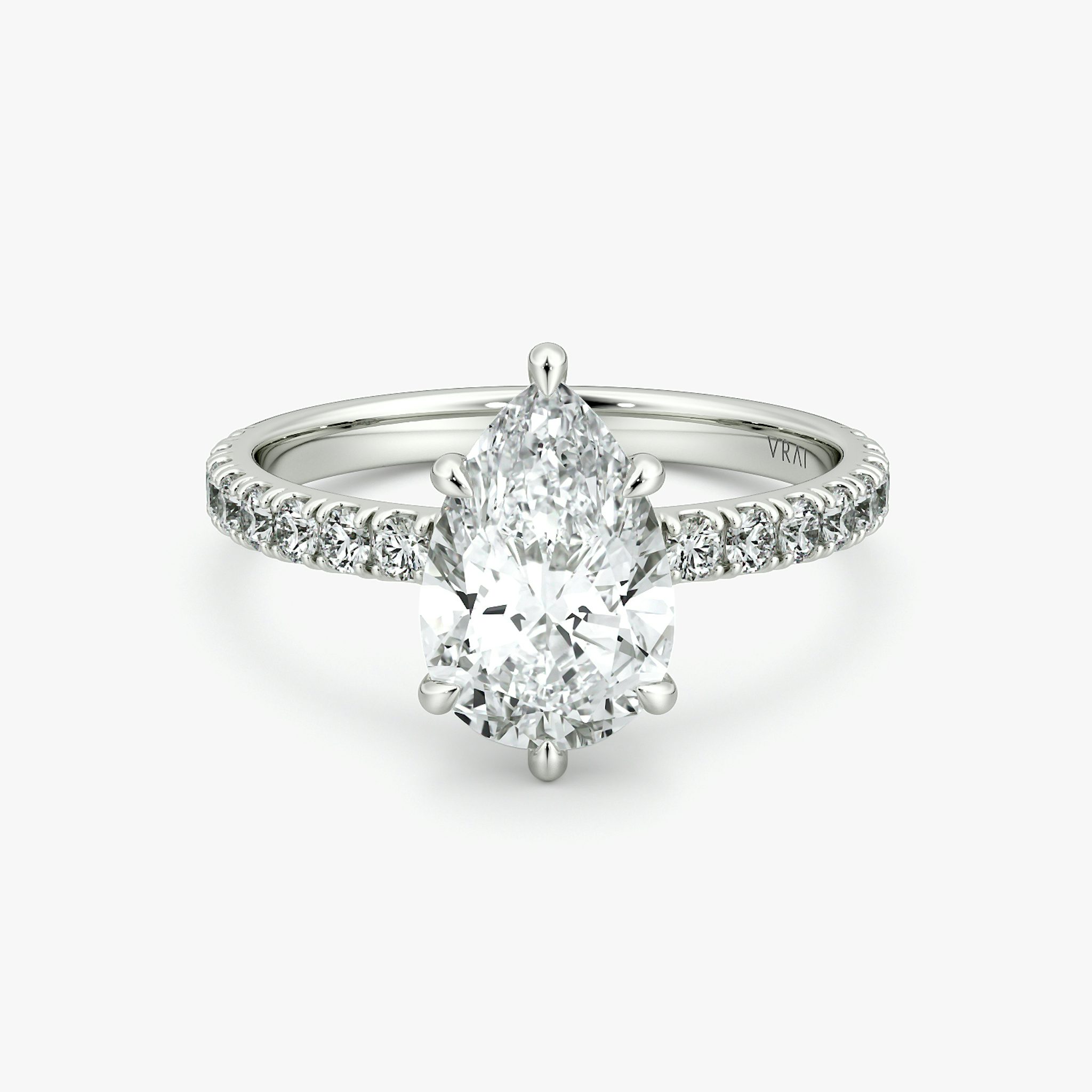 The Signature 6 Prong | Pear | 18k | White Gold | bandAccent: Pavé | bandWidth: large | hiddenHalo: no | diamondOrientation: vertical | caratWeight: other
