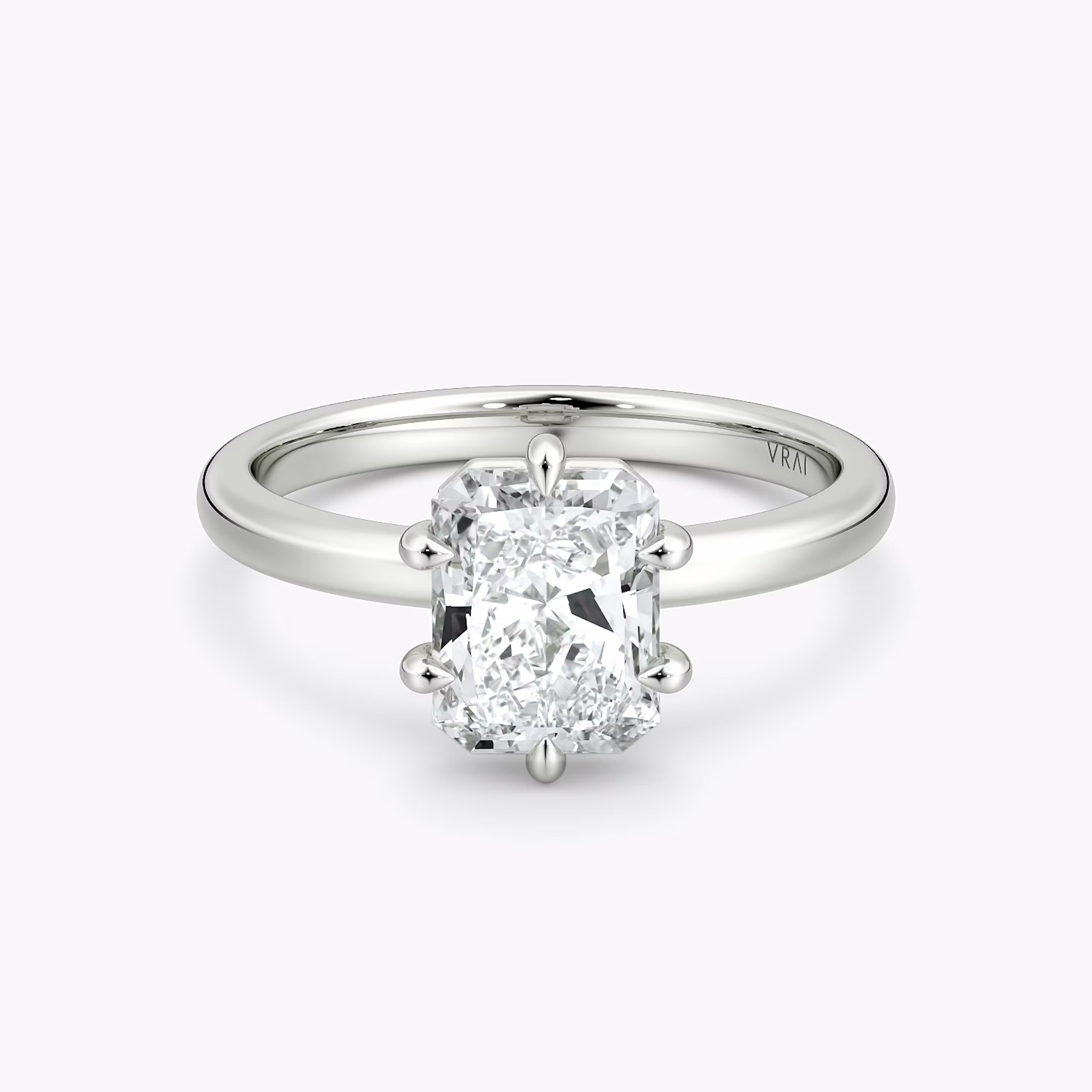 The Signature 6 Prong | Radiant | 18k | White Gold | bandAccent: Plain | bandWidth: large | hiddenHalo: no | diamondOrientation: vertical | caratWeight: other