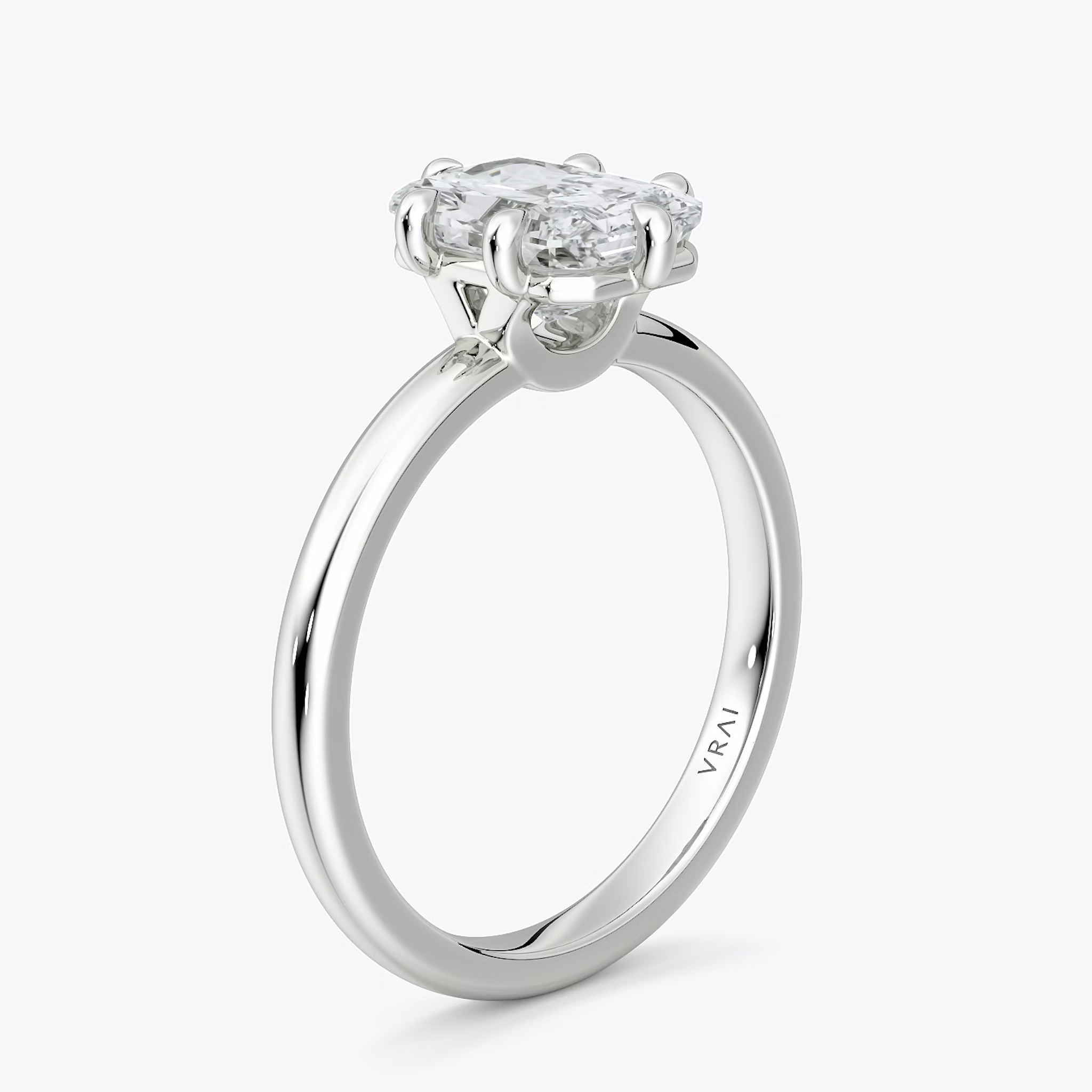 The Signature 6 Prong | Radiant | 18k | White Gold | bandAccent: Plain | bandWidth: large | hiddenHalo: no | diamondOrientation: vertical | caratWeight: other