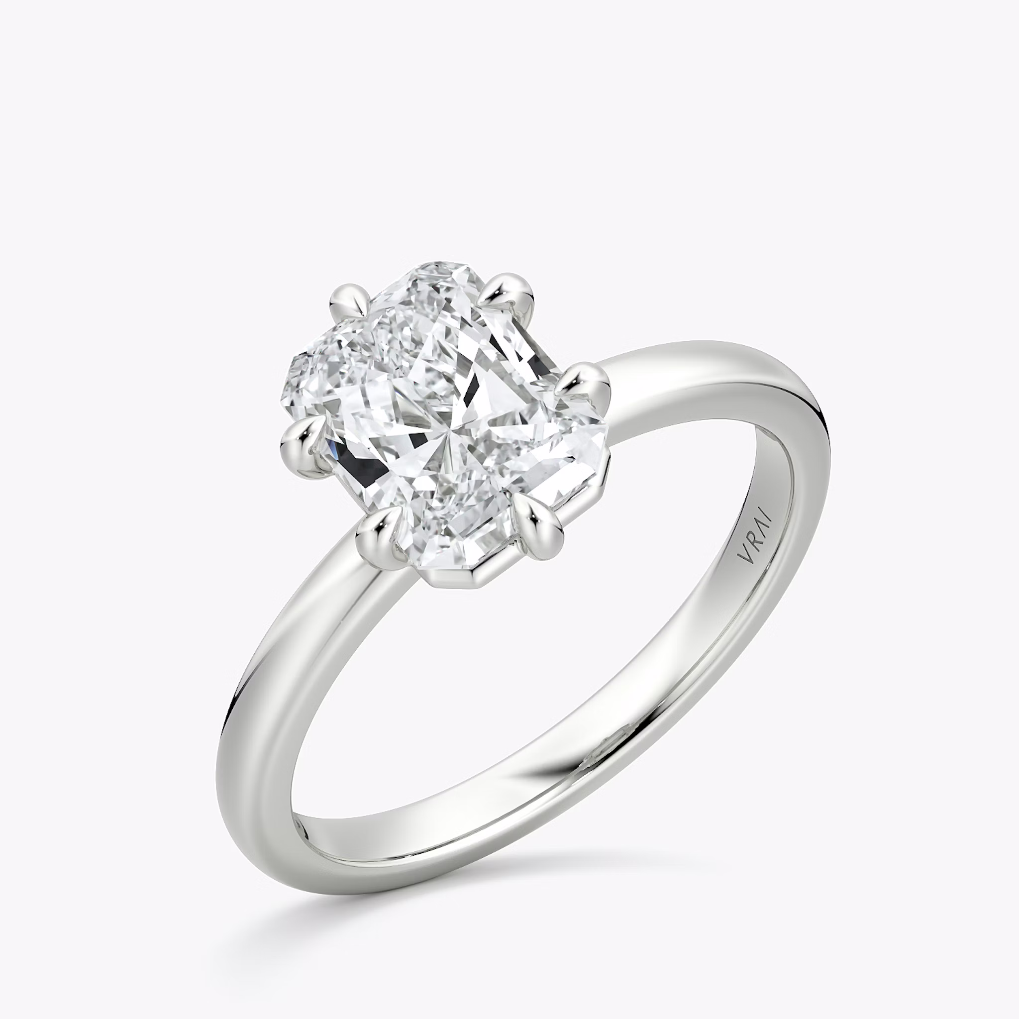 The Signature 6 Prong | Radiant | 18k | White Gold | bandAccent: Plain | bandWidth: large | hiddenHalo: no | diamondOrientation: vertical | caratWeight: other
