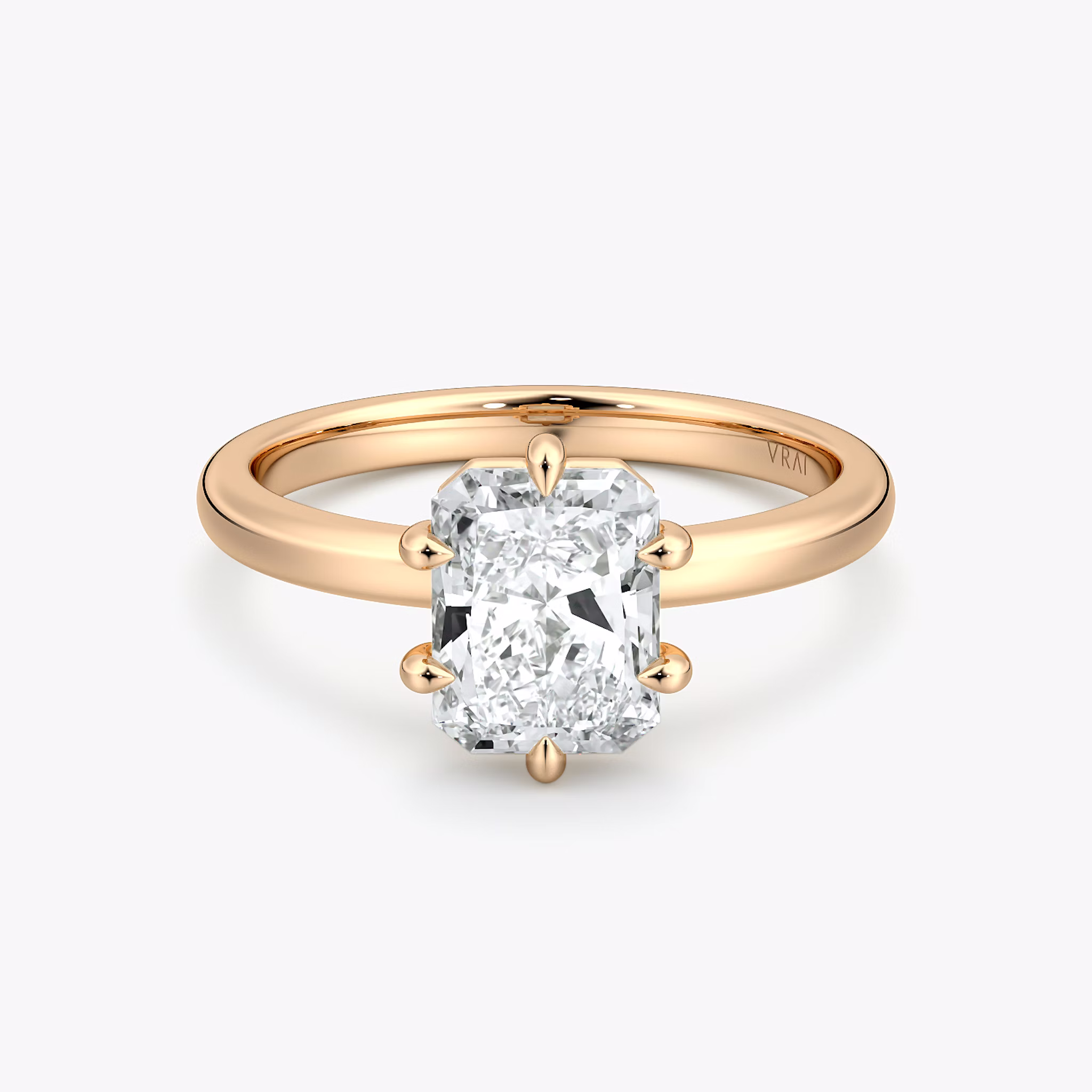 The Signature 6 Prong | Radiant | 14k | Rose Gold | bandAccent: Plain | bandWidth: large | hiddenHalo: no | diamondOrientation: vertical | caratWeight: other