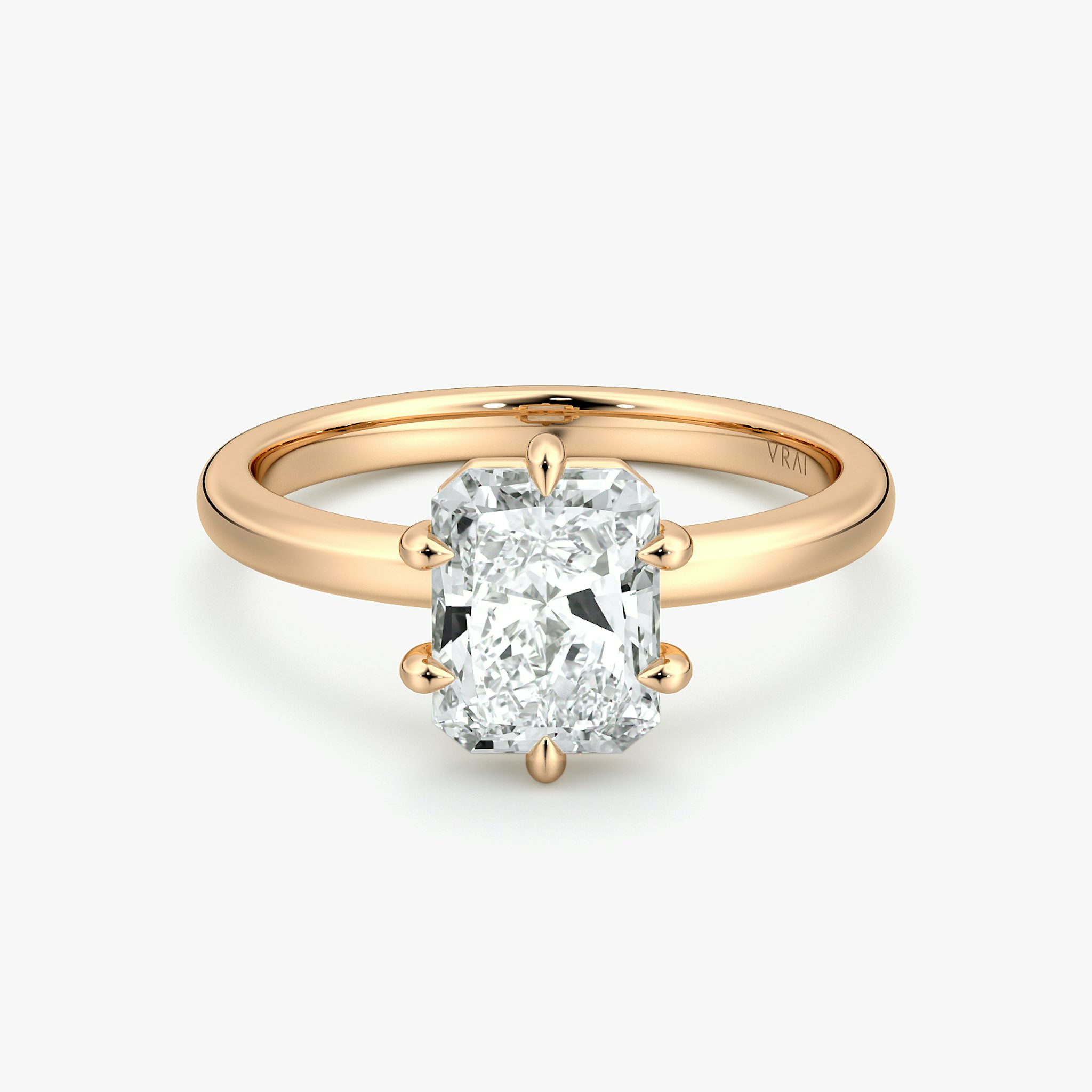 The Signature 6 Prong | Radiant | 14k | Rose Gold | bandAccent: Plain | bandWidth: large | hiddenHalo: no | diamondOrientation: vertical | caratWeight: other