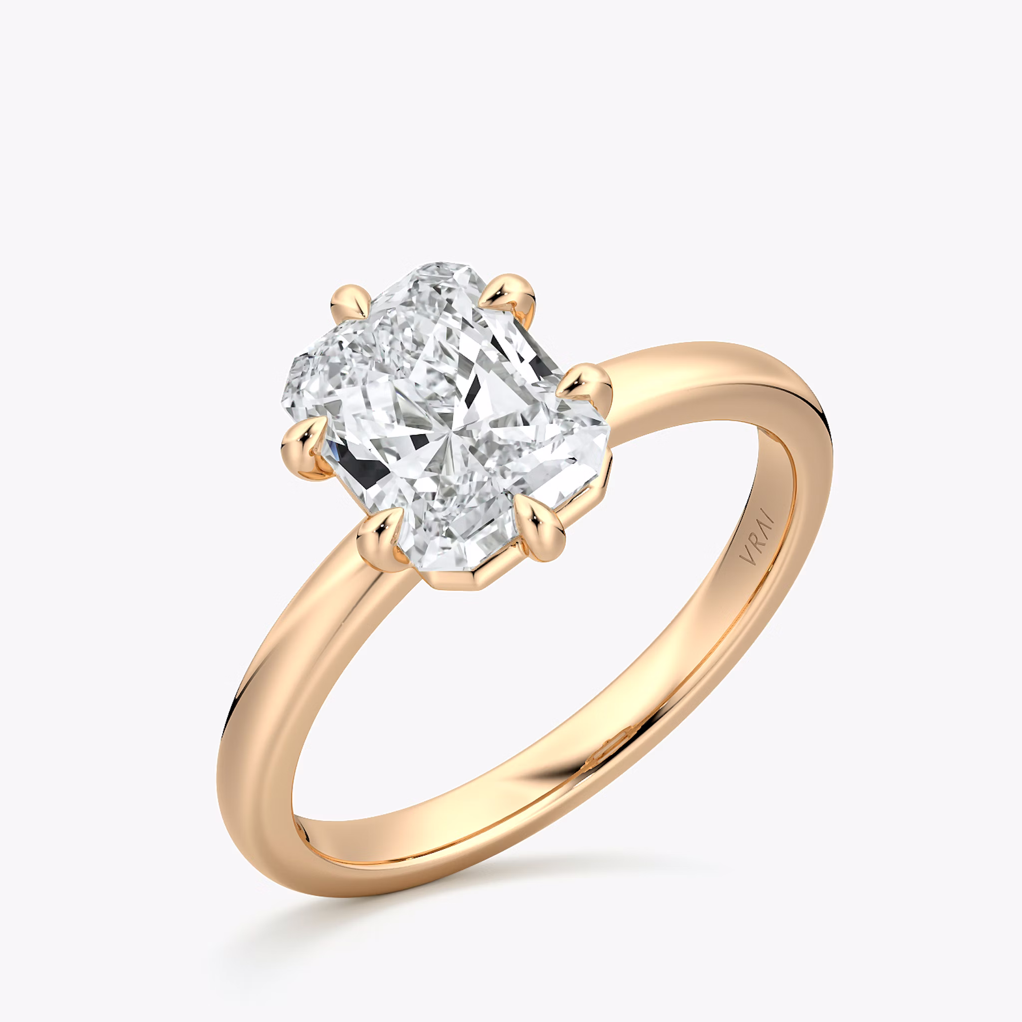 The Signature 6 Prong | Radiant | 14k | Rose Gold | bandAccent: Plain | bandWidth: large | hiddenHalo: no | diamondOrientation: vertical | caratWeight: other