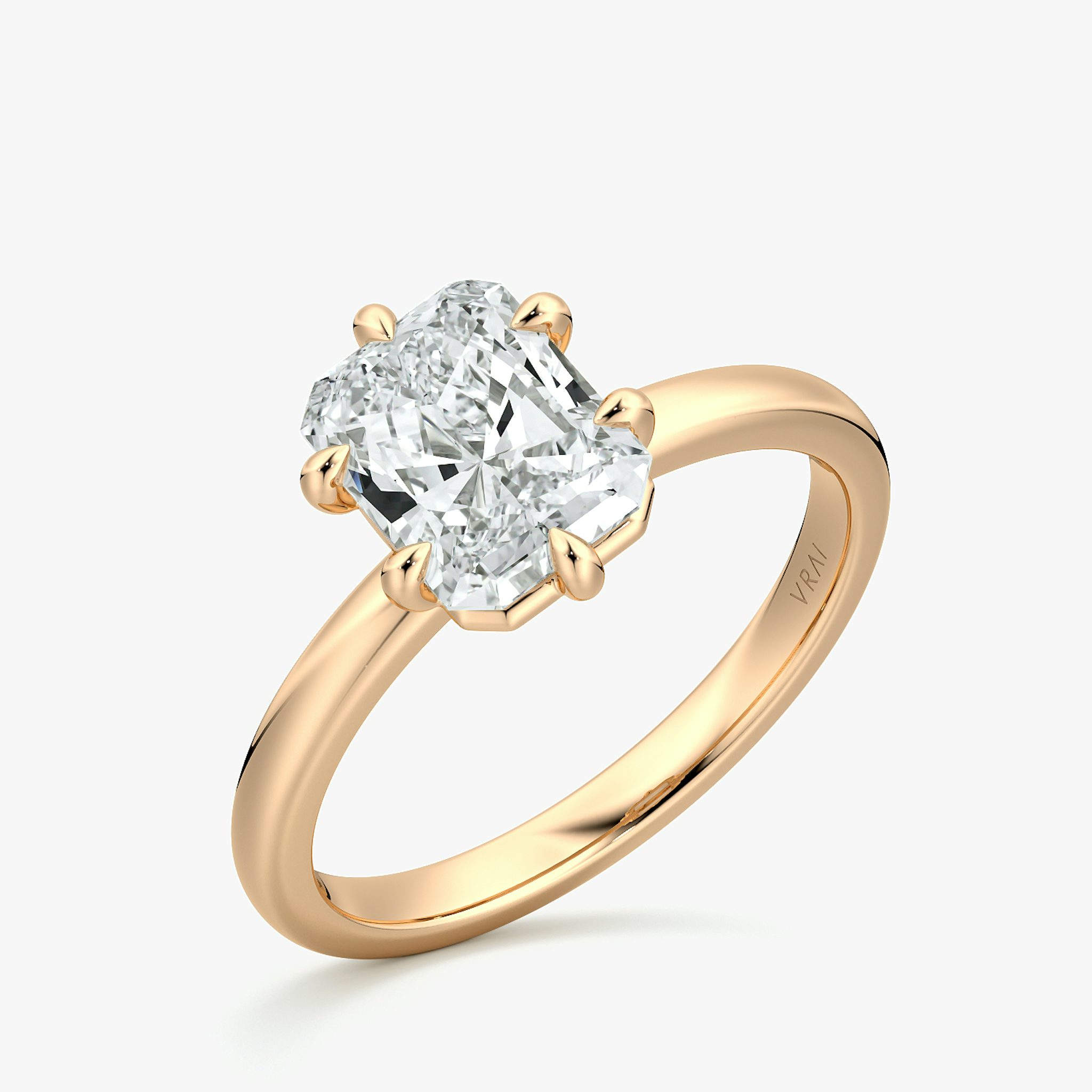 The Signature 6 Prong | Radiant | 14k | Rose Gold | bandAccent: Plain | bandWidth: large | hiddenHalo: no | diamondOrientation: vertical | caratWeight: other