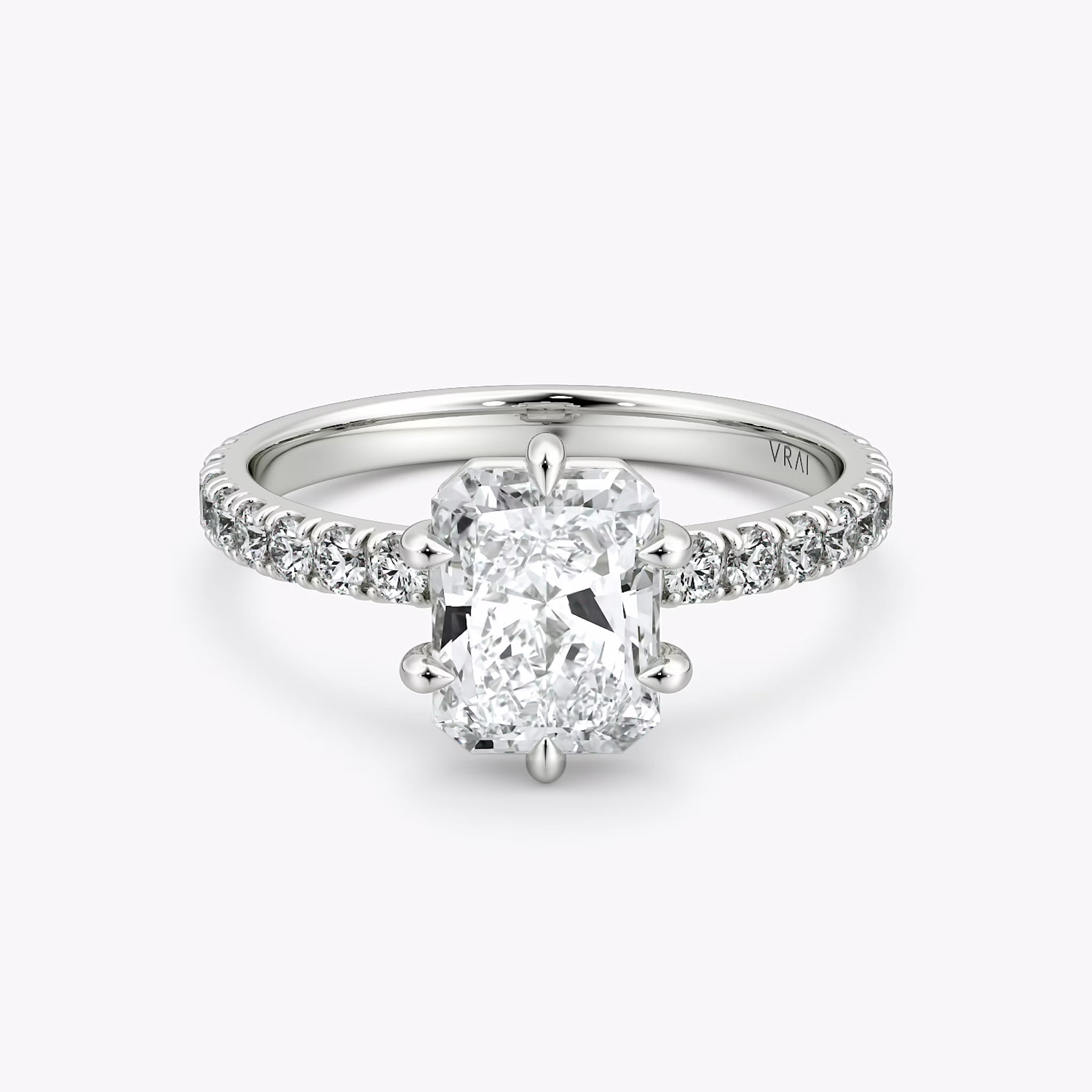 The Signature 6 Prong | Radiant | 18k | White Gold | bandAccent: Pavé | bandWidth: large | hiddenHalo: no | diamondOrientation: vertical | caratWeight: other