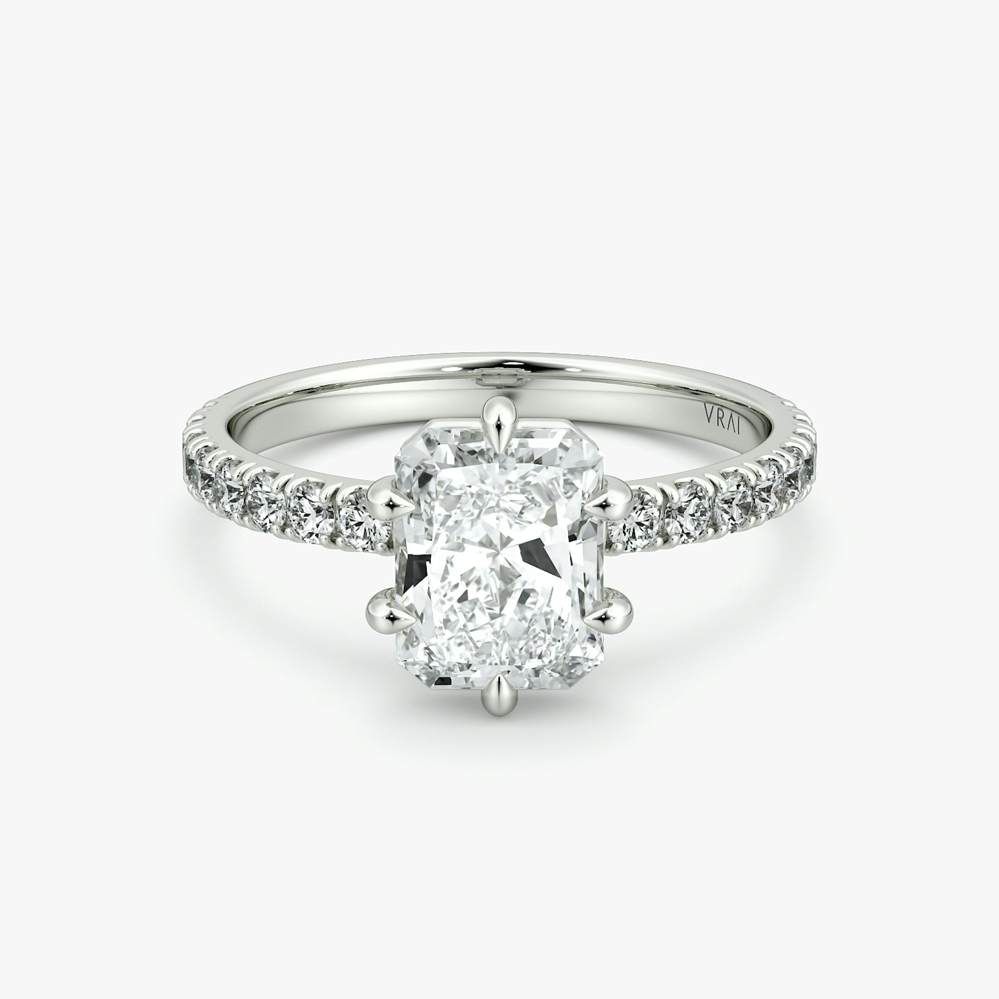 The Signature 6 Prong | Radiant | 18k | White Gold | bandAccent: Pavé | bandWidth: large | hiddenHalo: no | diamondOrientation: vertical | caratWeight: other