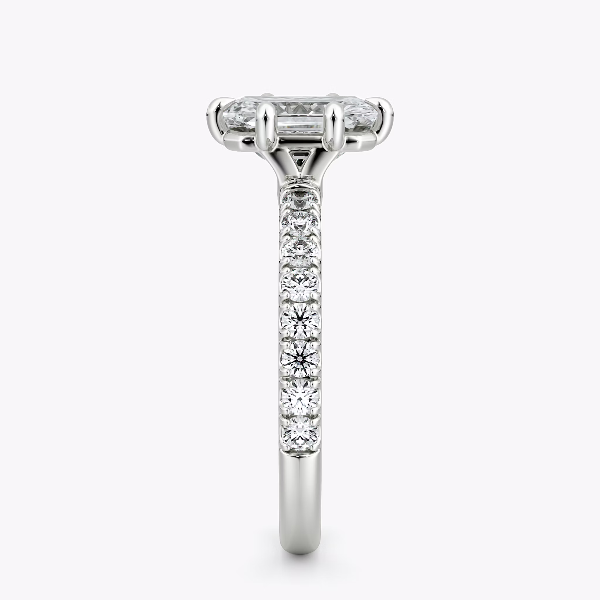 The Signature 6 Prong | Radiant | 18k | White Gold | bandAccent: Pavé | bandWidth: large | hiddenHalo: no | diamondOrientation: vertical | caratWeight: other