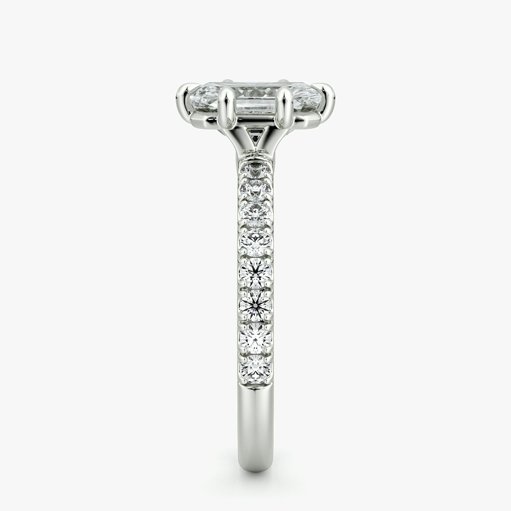 The Signature 6 Prong | Radiant | 18k | White Gold | bandAccent: Pavé | bandWidth: large | hiddenHalo: no | diamondOrientation: vertical | caratWeight: other