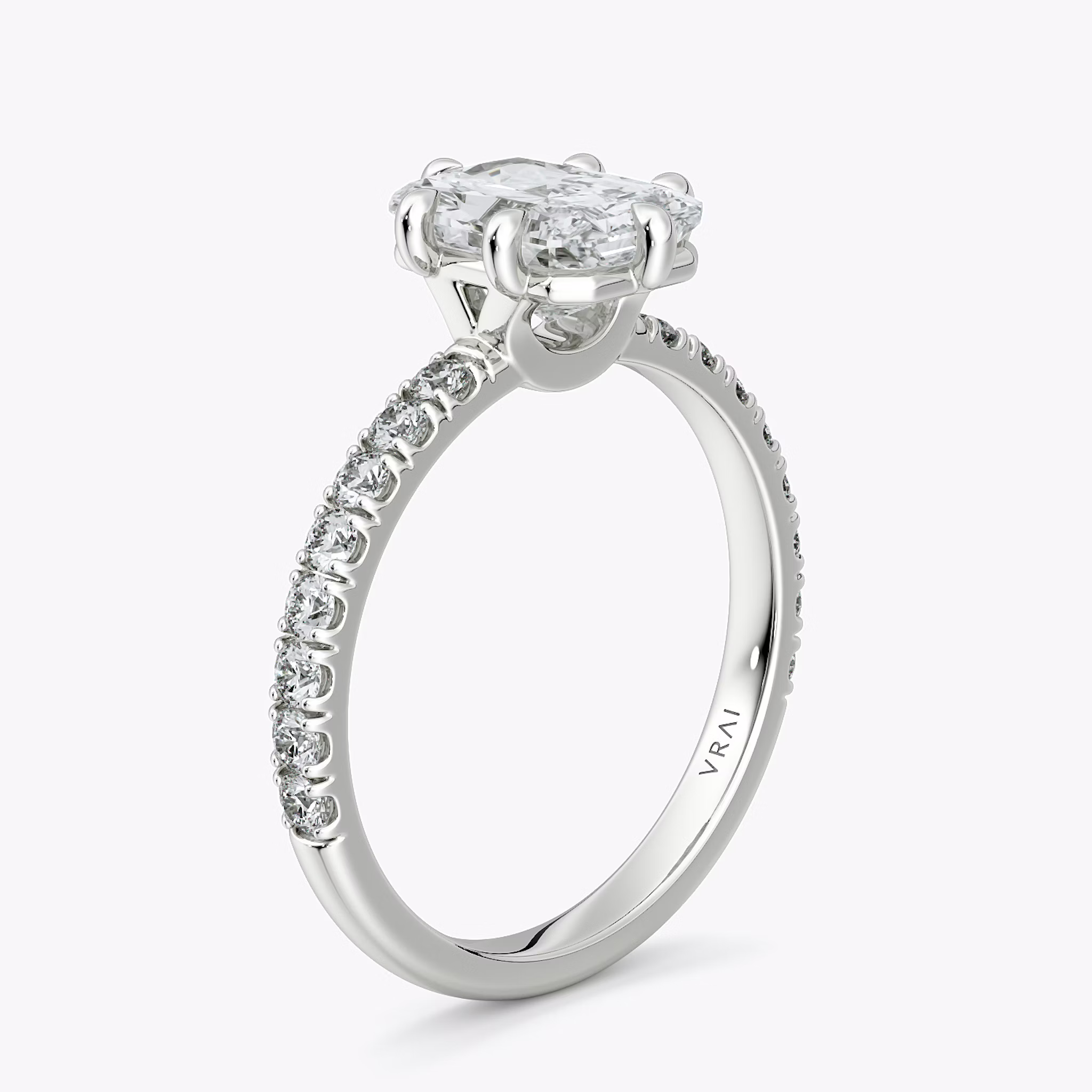 The Signature 6 Prong | Radiant | 18k | White Gold | bandAccent: Pavé | bandWidth: large | hiddenHalo: no | diamondOrientation: vertical | caratWeight: other