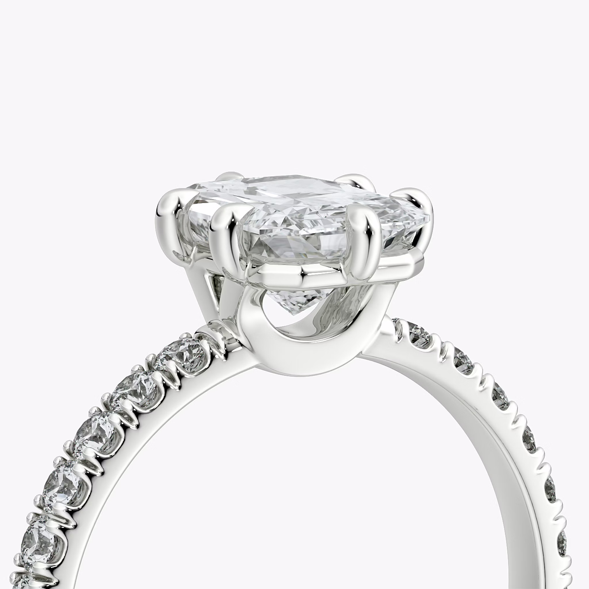 The Signature 6 Prong | Radiant | 18k | White Gold | bandAccent: Pavé | bandWidth: large | hiddenHalo: no | diamondOrientation: vertical | caratWeight: other
