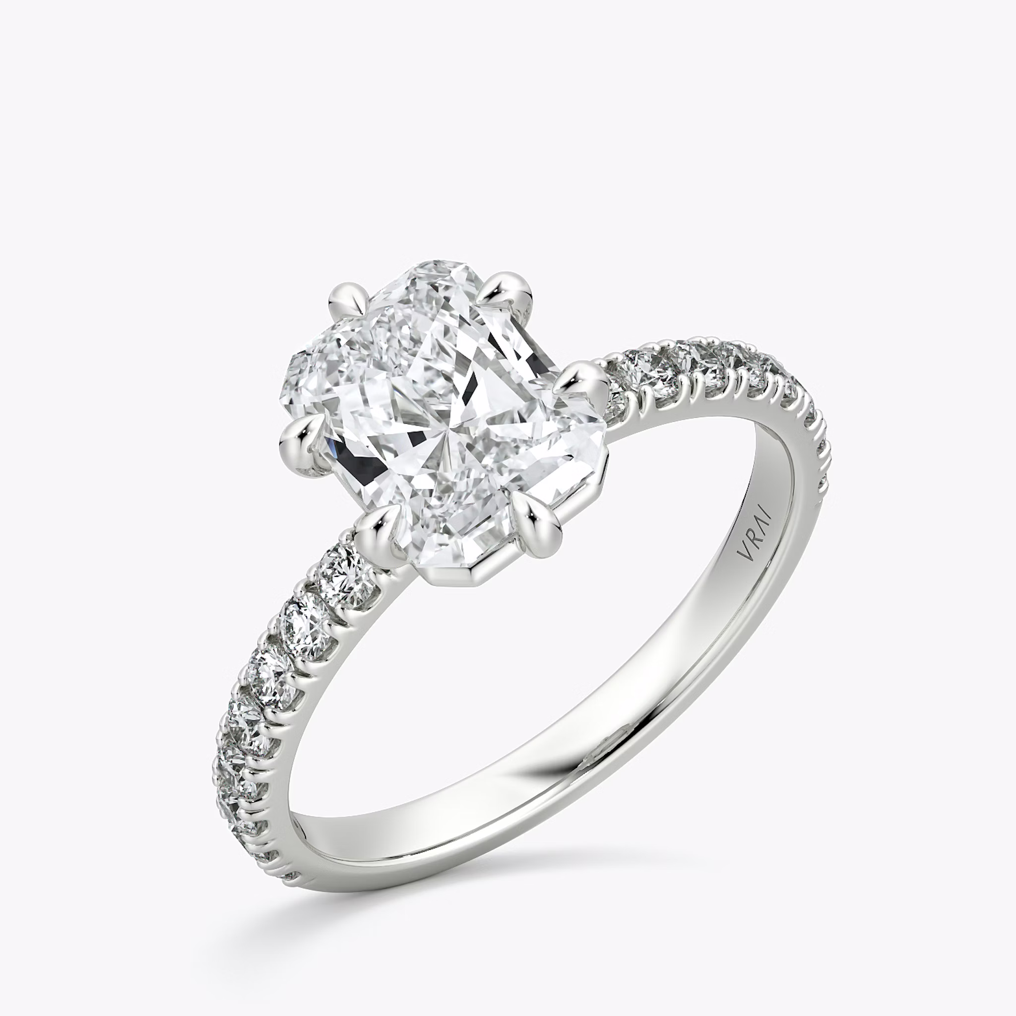 The Signature 6 Prong | Radiant | 18k | White Gold | bandAccent: Pavé | bandWidth: large | hiddenHalo: no | diamondOrientation: vertical | caratWeight: other