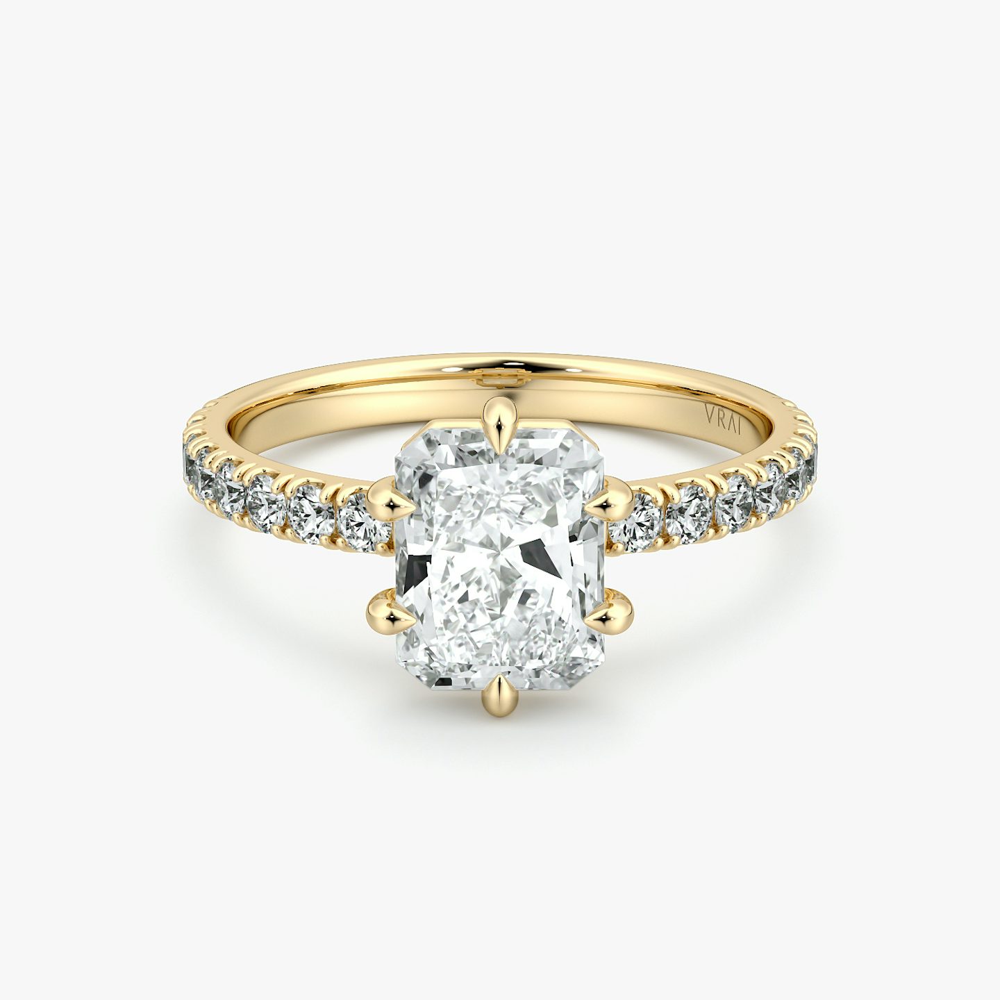 Radiant-cut diamond ring with pavé 2.1mm band and six prongs in yellow gold, VRAI Signature 6-Prong setting.