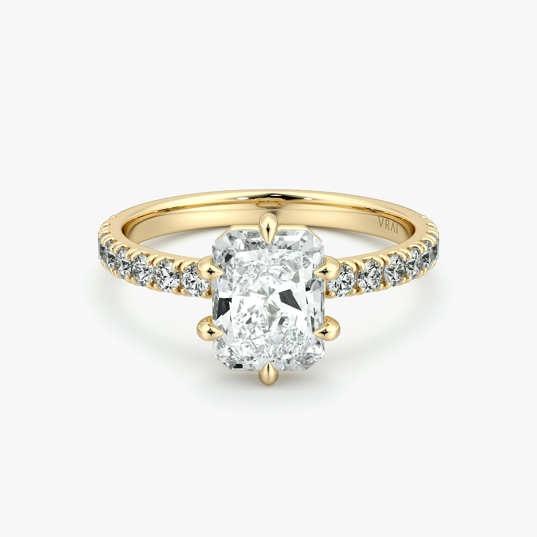 Radiant-cut diamond ring with pavé 2.1mm band and six prongs in yellow gold, VRAI Signature 6-Prong setting.