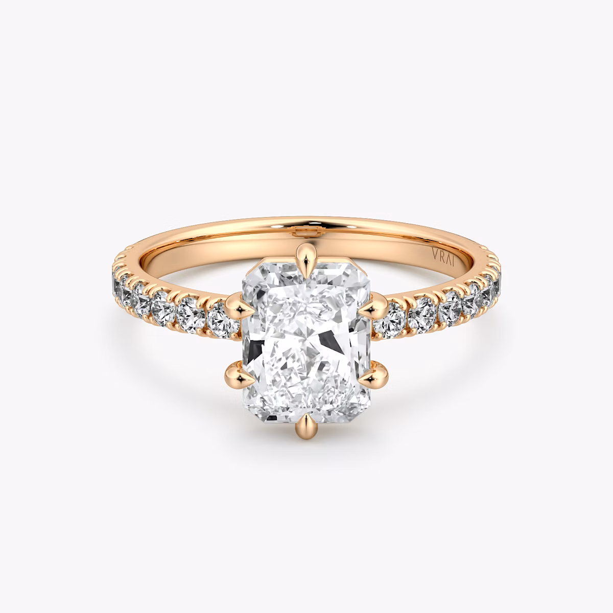 The Signature 6 Prong | Radiant | 14k | Rose Gold | bandAccent: Pavé | bandWidth: large | hiddenHalo: no | diamondOrientation: vertical | caratWeight: other