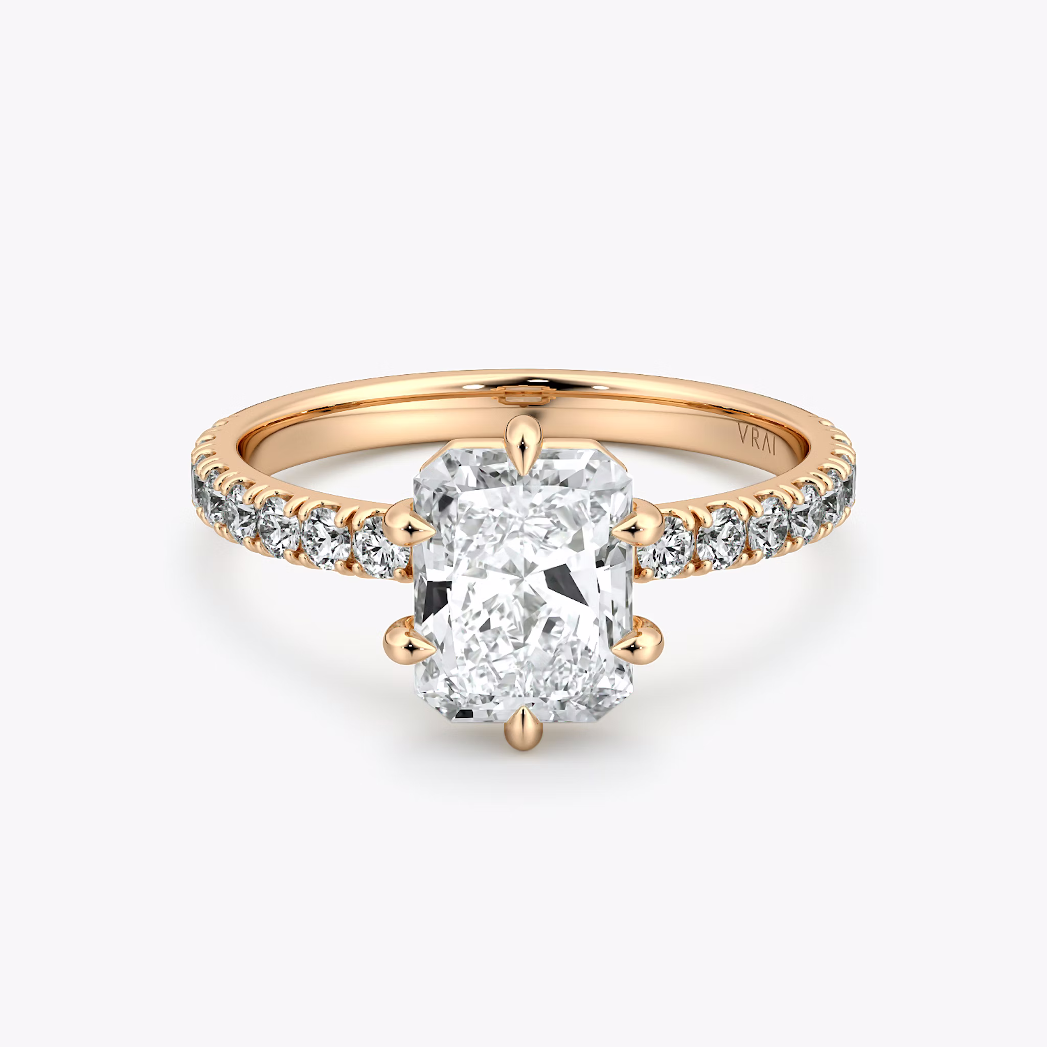 The Signature 6 Prong | Radiant | 14k | Rose Gold | bandAccent: Pavé | bandWidth: large | hiddenHalo: no | diamondOrientation: vertical | caratWeight: other