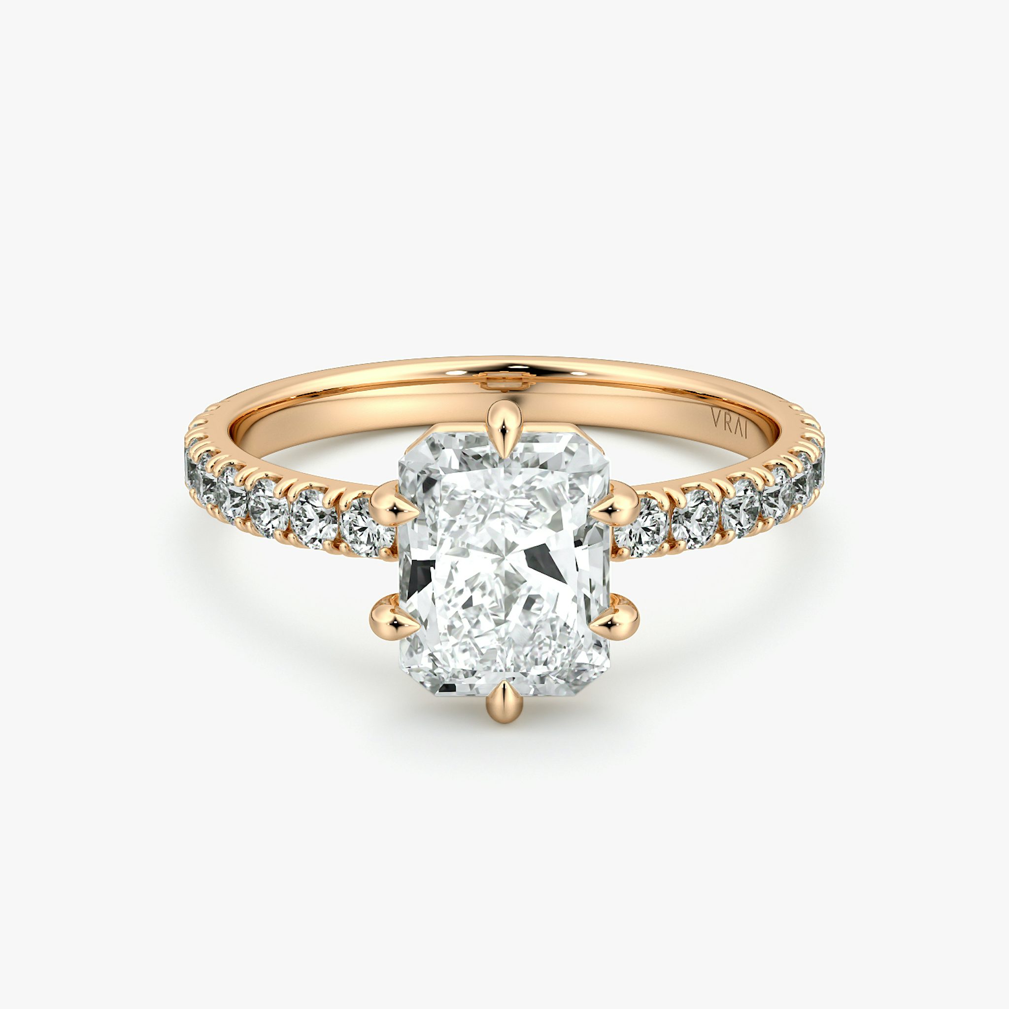 The Signature 6 Prong | Radiant | 14k | Rose Gold | bandAccent: Pavé | bandWidth: large | hiddenHalo: no | diamondOrientation: vertical | caratWeight: other
