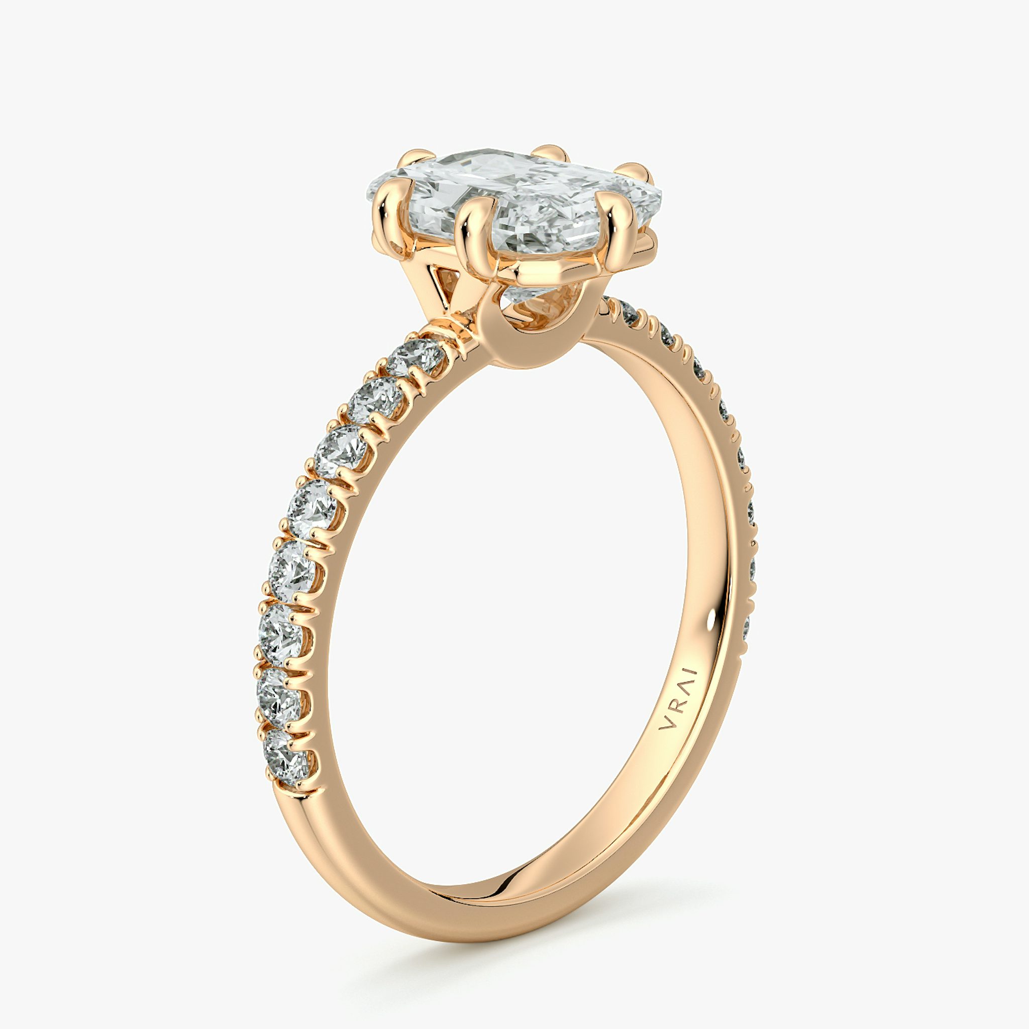 The Signature 6 Prong | Radiant | 14k | Rose Gold | bandAccent: Pavé | bandWidth: large | hiddenHalo: no | diamondOrientation: vertical | caratWeight: other