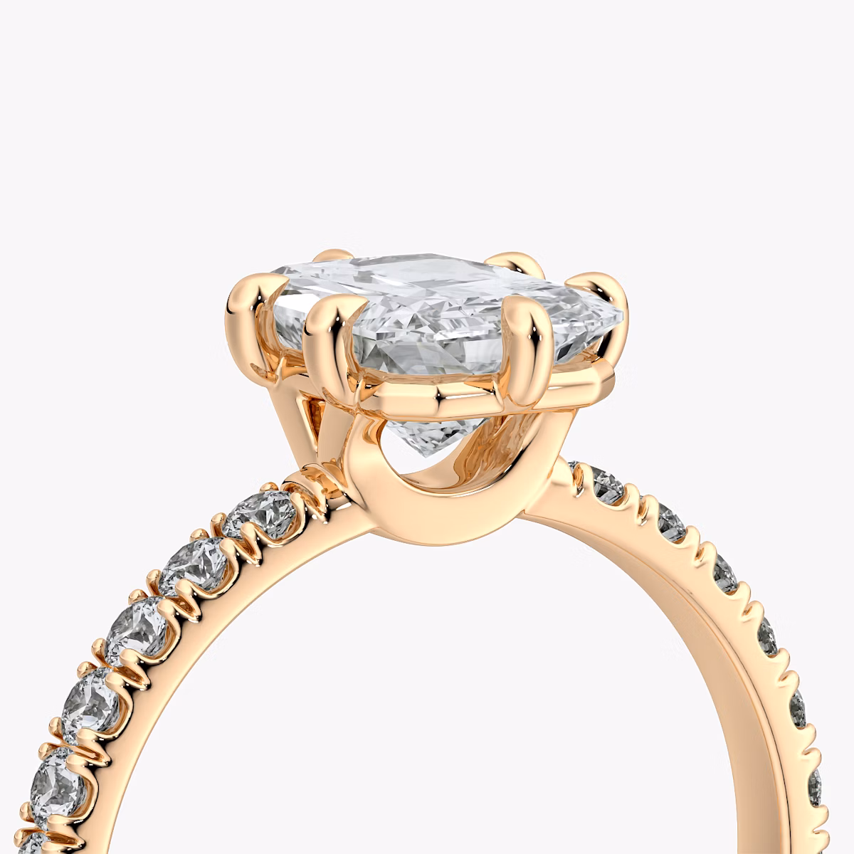 The Signature 6 Prong | Radiant | 14k | Rose Gold | bandAccent: Pavé | bandWidth: large | hiddenHalo: no | diamondOrientation: vertical | caratWeight: other