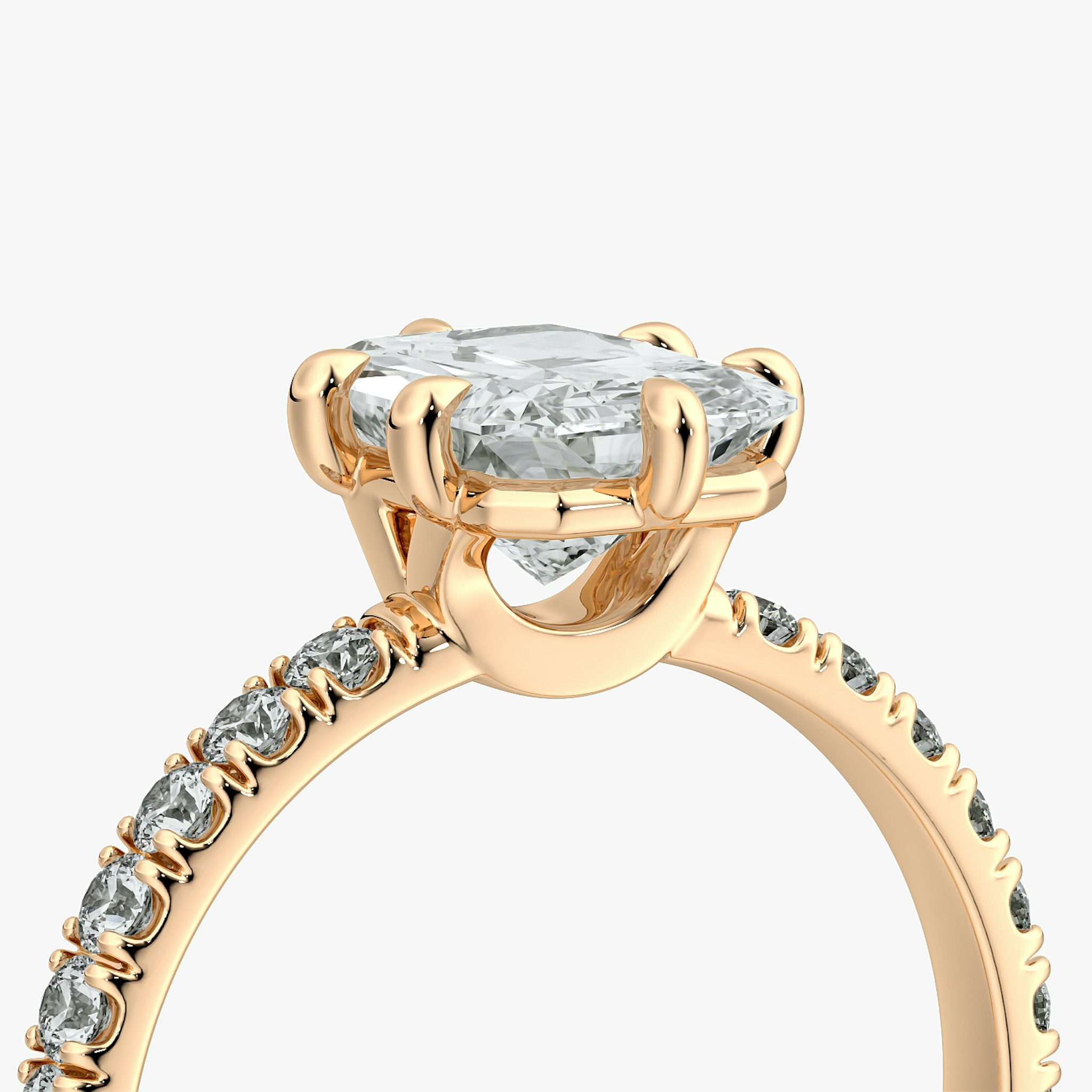 The Signature 6 Prong | Radiant | 14k | Rose Gold | bandAccent: Pavé | bandWidth: large | hiddenHalo: no | diamondOrientation: vertical | caratWeight: other