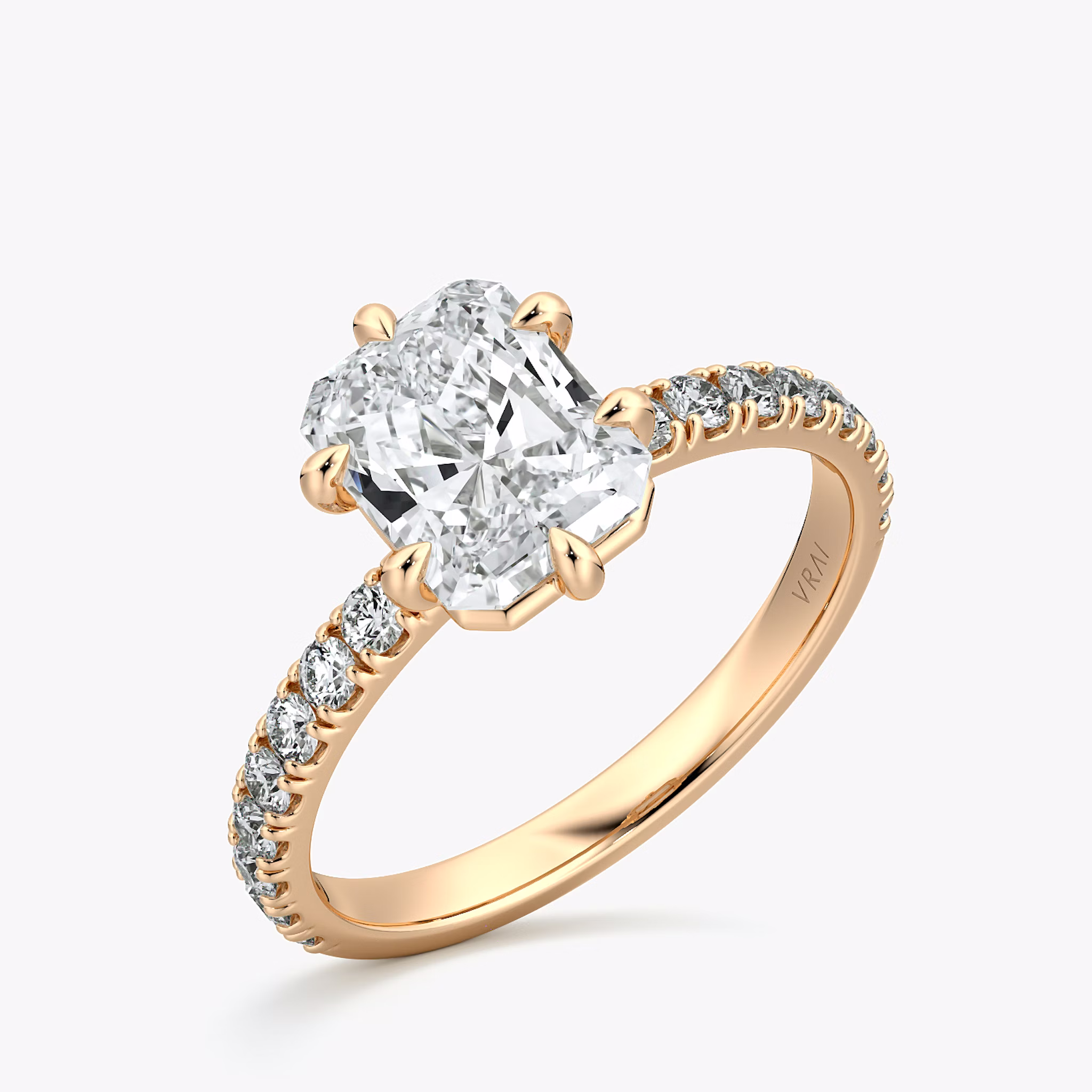 The Signature 6 Prong | Radiant | 14k | Rose Gold | bandAccent: Pavé | bandWidth: large | hiddenHalo: no | diamondOrientation: vertical | caratWeight: other