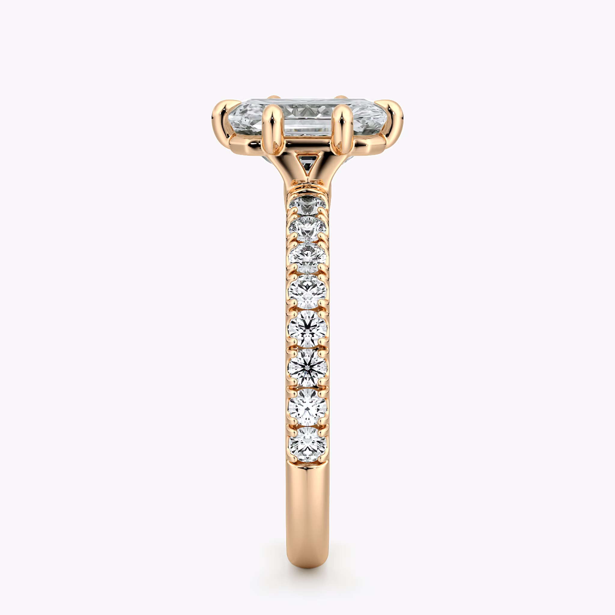 The Signature 6 Prong | Radiant | 14k | Rose Gold | bandAccent: Pavé | bandWidth: large | hiddenHalo: no | diamondOrientation: vertical | caratWeight: other
