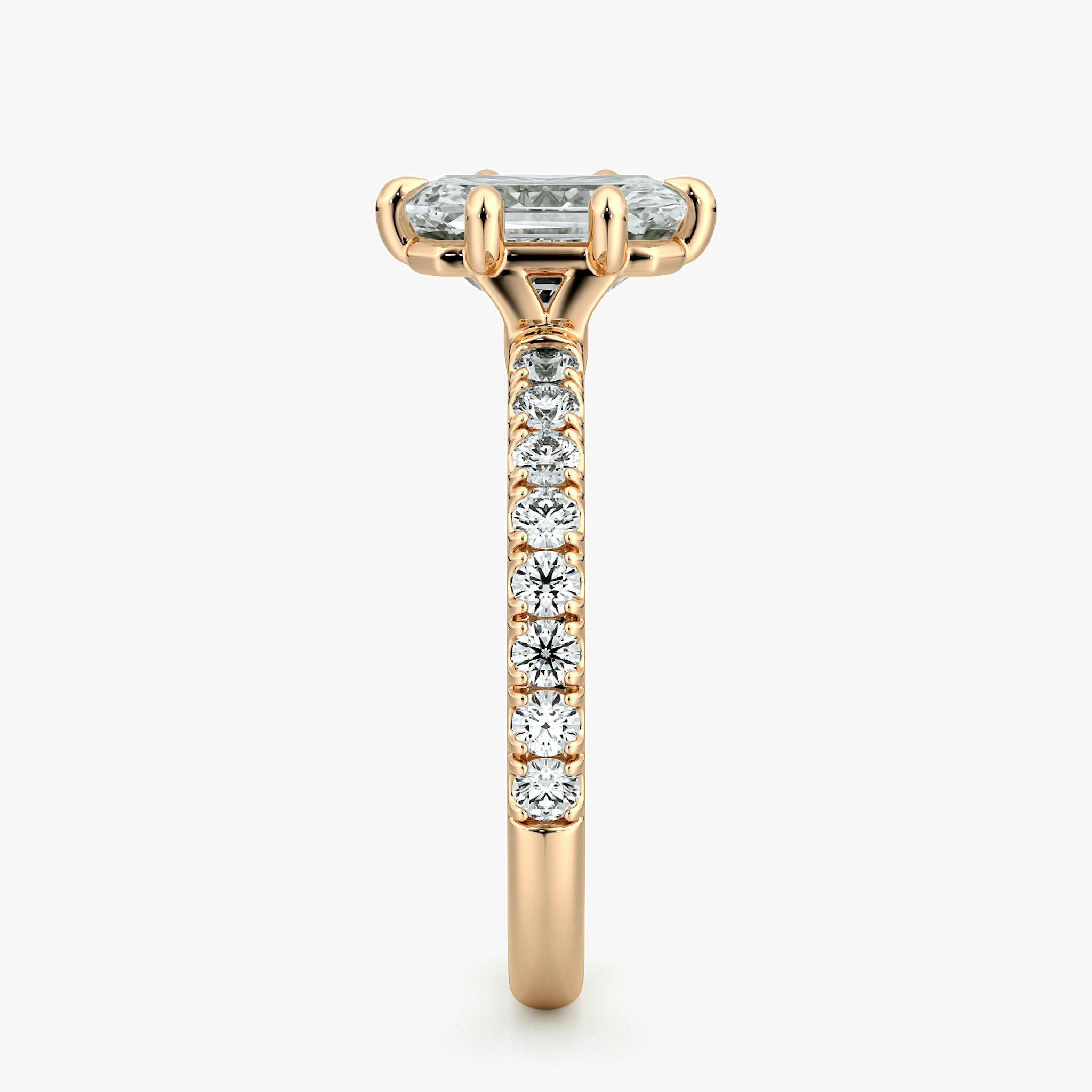 The Signature 6 Prong | Radiant | 14k | Rose Gold | bandAccent: Pavé | bandWidth: large | hiddenHalo: no | diamondOrientation: vertical | caratWeight: other