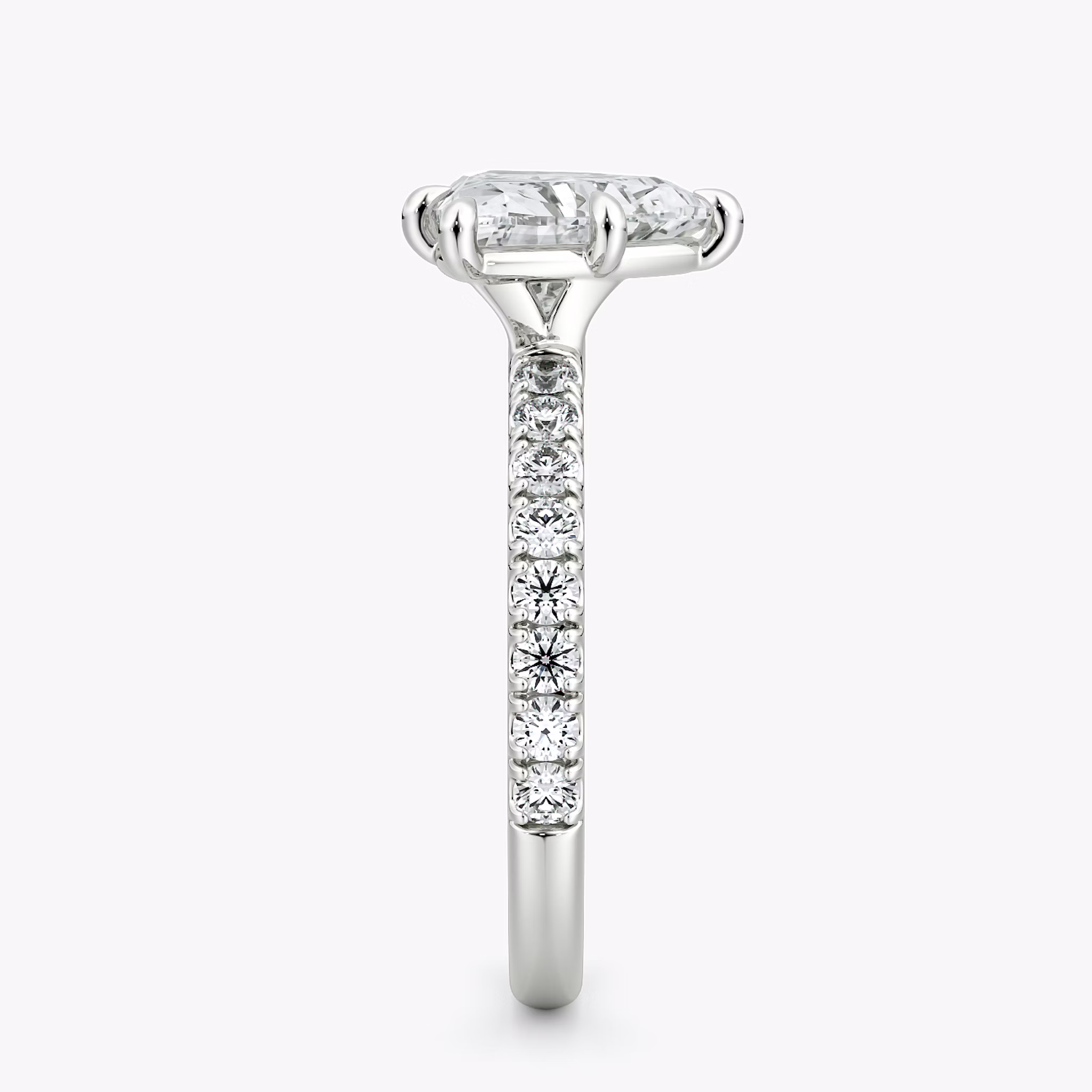 The Signature 6 Prong | Trillion | 18k | White Gold | bandAccent: Pavé | bandWidth: large | hiddenHalo: no | diamondOrientation: vertical | caratWeight: other