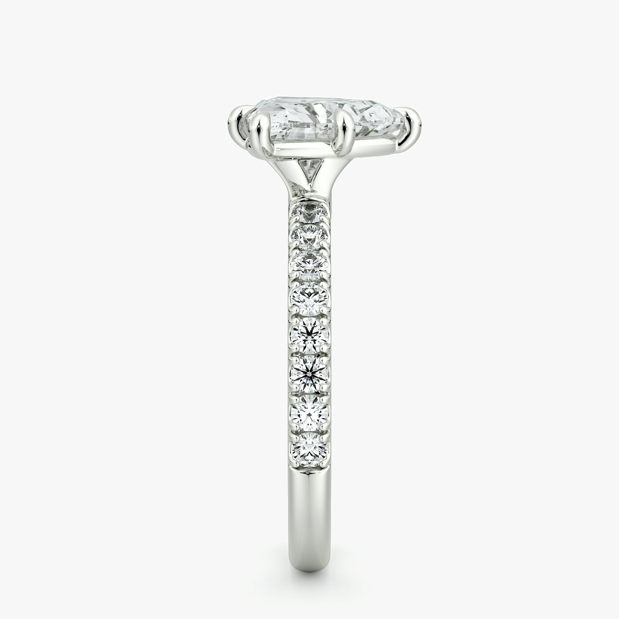 The Signature 6 Prong | Trillion | 18k | White Gold | bandAccent: Pavé | bandWidth: large | hiddenHalo: no | diamondOrientation: vertical | caratWeight: other