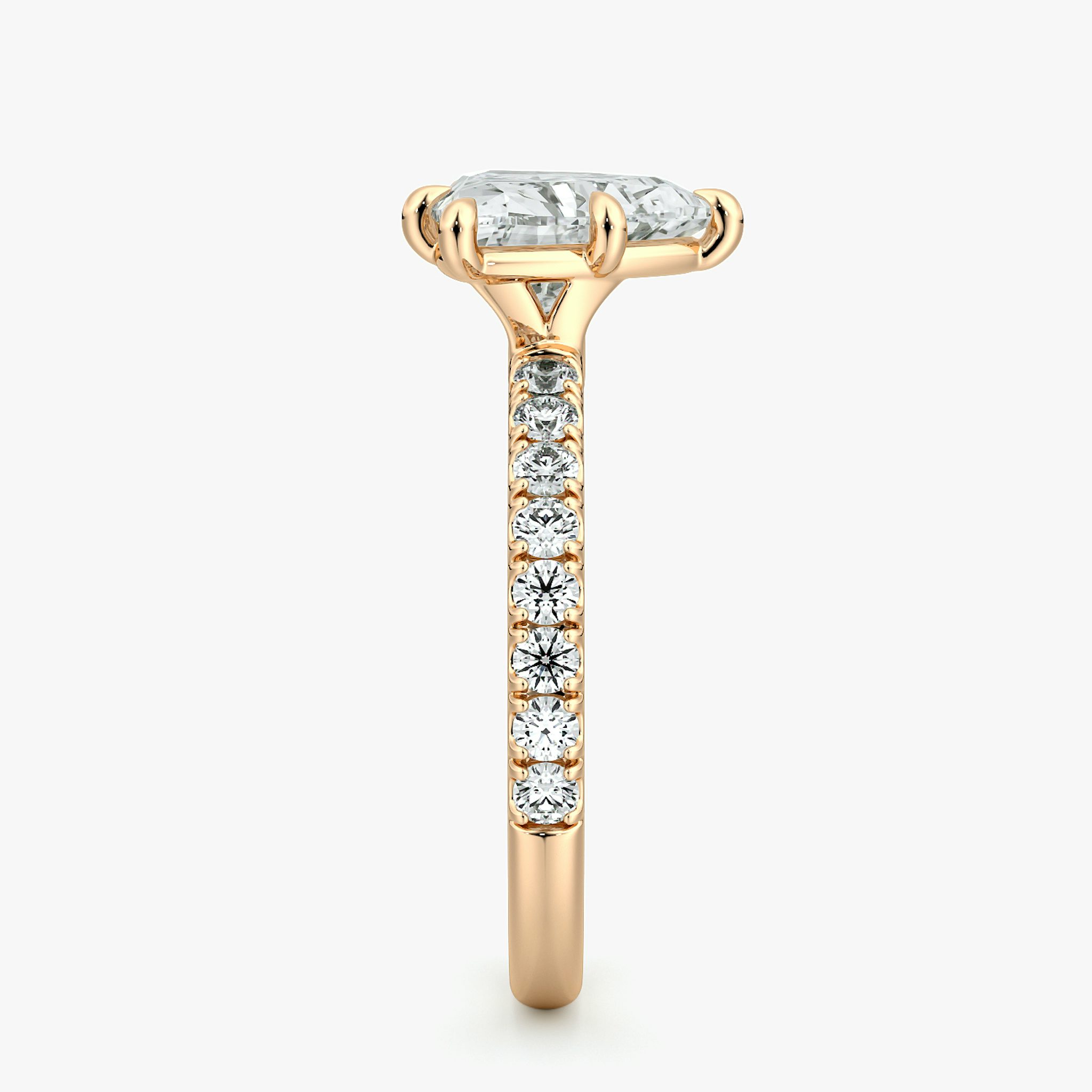 The Signature 6 Prong | Trillion | 14k | Rose Gold | bandAccent: Pavé | bandWidth: large | hiddenHalo: no | diamondOrientation: vertical | caratWeight: other