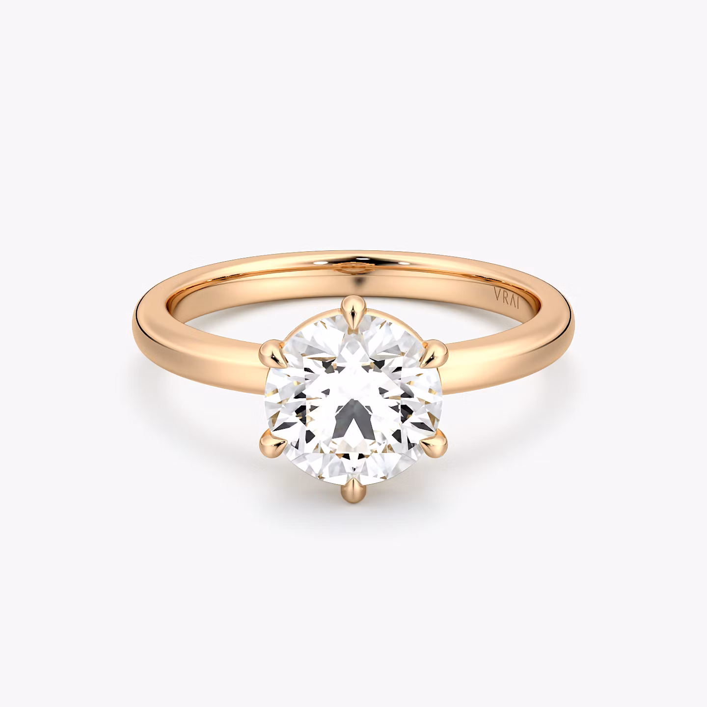 The Signature 6 Prong | Round Brilliant | 14k | Rose Gold | bandAccent: Plain | bandWidth: large | caratWeight: 1.5ct | hiddenHalo: no | diamondOrientation: vertical