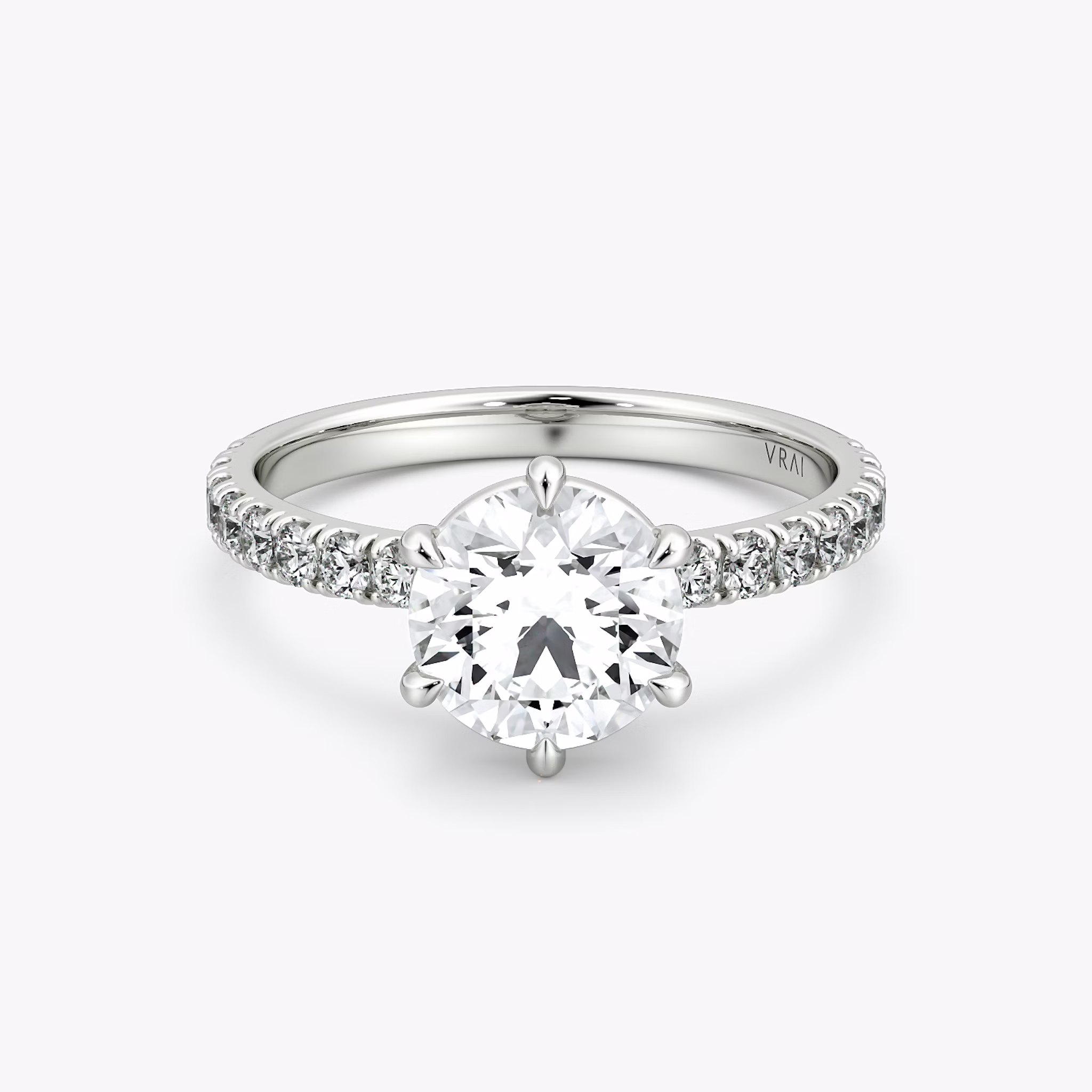 The Signature 6 Prong | Round Brilliant | 18k | White Gold | bandAccent: Pavé | bandWidth: large | caratWeight: other | hiddenHalo: no | diamondOrientation: vertical