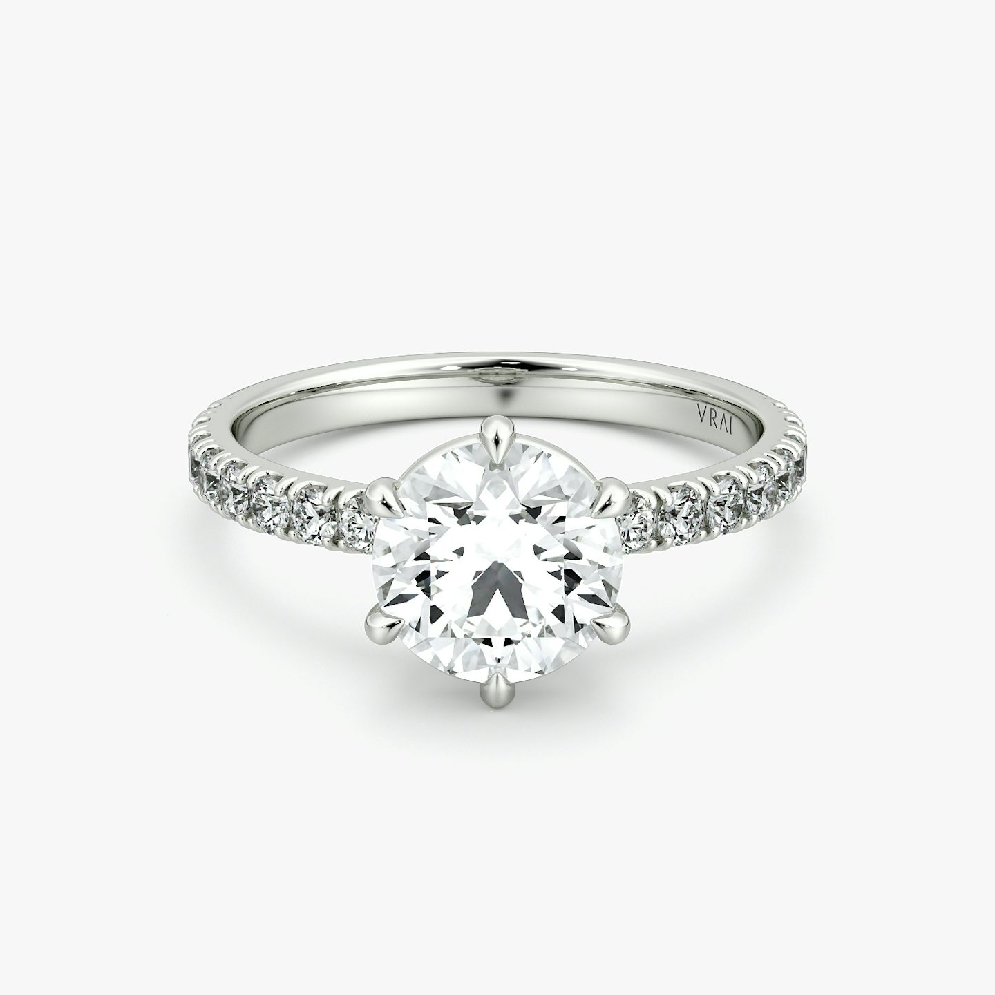 The Signature 6 Prong | Round Brilliant | Platinum | bandAccent: Pavé | bandWidth: large | caratWeight: 2.0ct | hiddenHalo: no | diamondOrientation: vertical