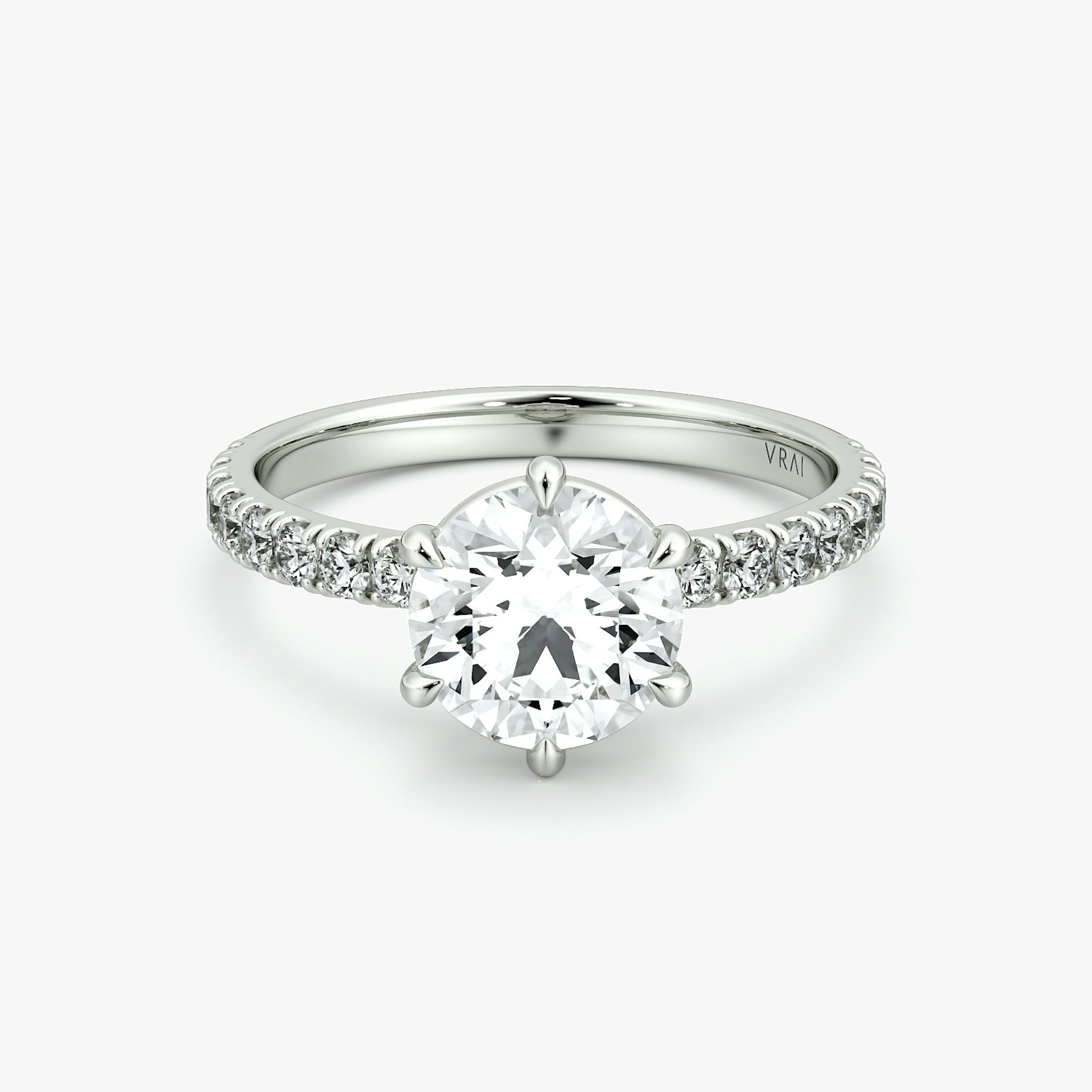 The Signature 6 Prong | Round Brilliant | 18k | White Gold | bandAccent: Pavé | bandWidth: large | caratWeight: other | hiddenHalo: no | diamondOrientation: vertical