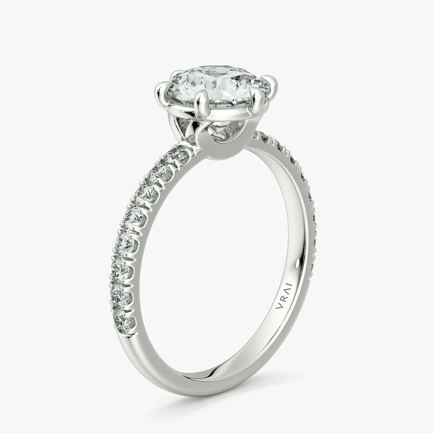 The Signature 6 Prong | Round Brilliant | Platinum | bandAccent: Pavé | bandWidth: large | caratWeight: 2.0ct | hiddenHalo: no | diamondOrientation: vertical