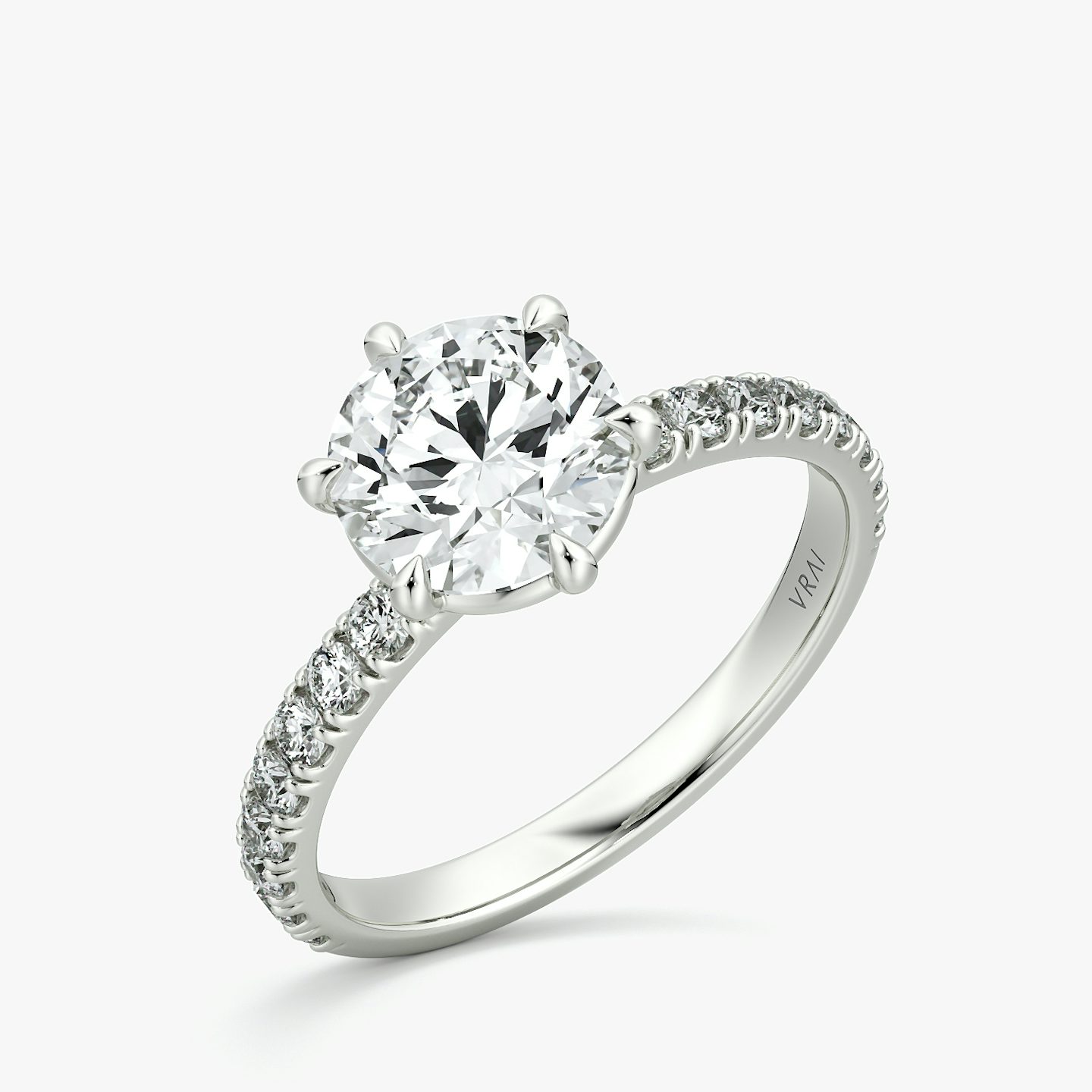 The Signature 6 Prong | Round Brilliant | Platinum | bandAccent: Pavé | bandWidth: large | caratWeight: 2.0ct | hiddenHalo: no | diamondOrientation: vertical