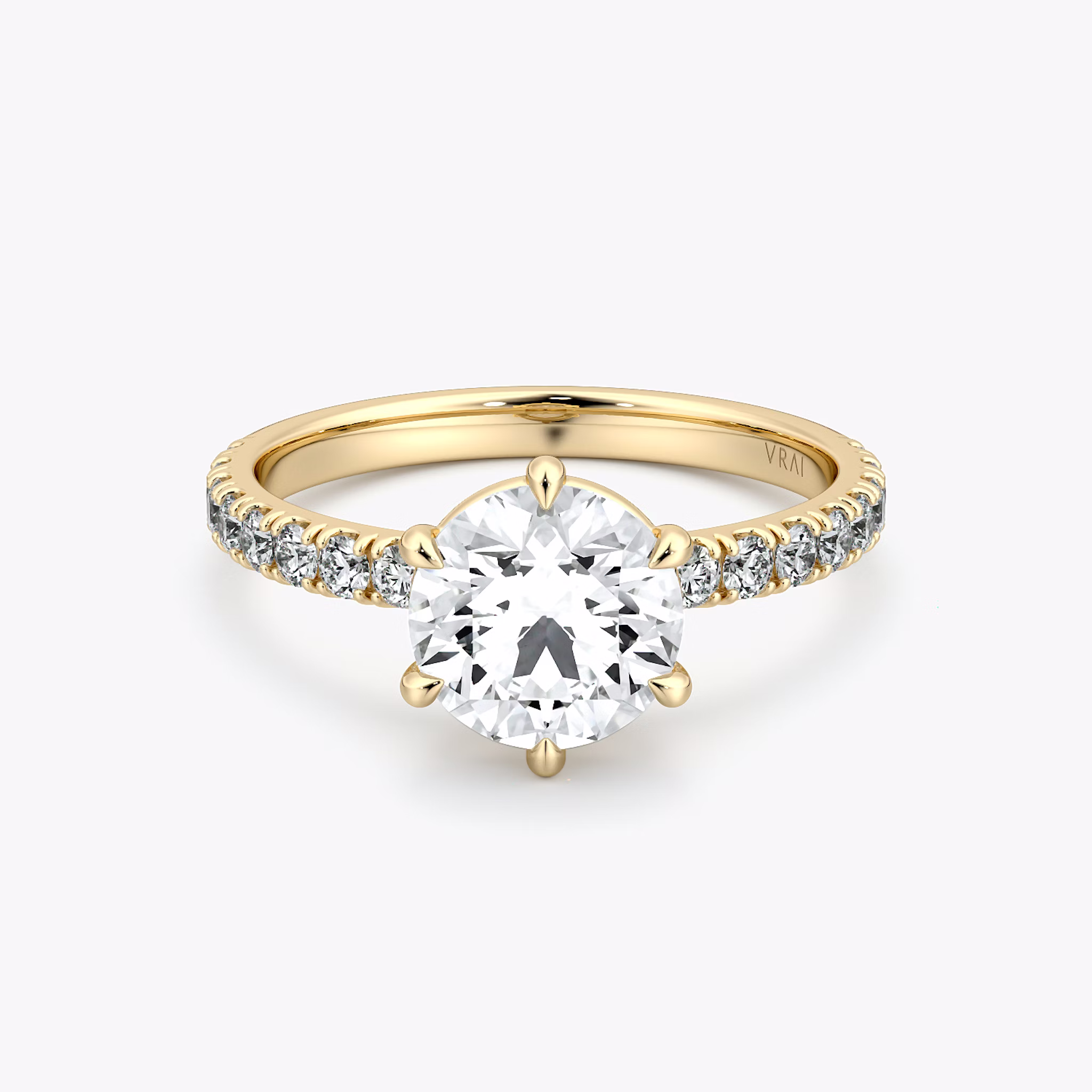 The Signature 6 Prong | Round Brilliant | 18k | Yellow Gold | bandAccent: Pavé | bandWidth: large | caratWeight: other | hiddenHalo: no | diamondOrientation: vertical