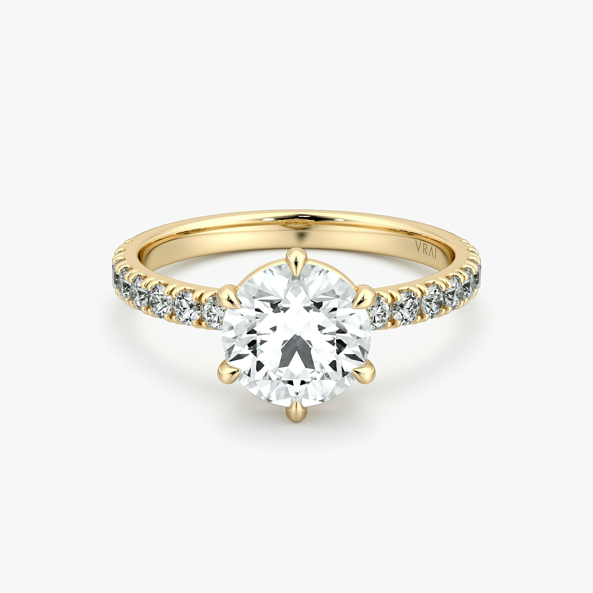The Signature 6 Prong | Round Brilliant | 18k | Yellow Gold | bandAccent: Pavé | bandWidth: large | caratWeight: other | hiddenHalo: no | diamondOrientation: vertical