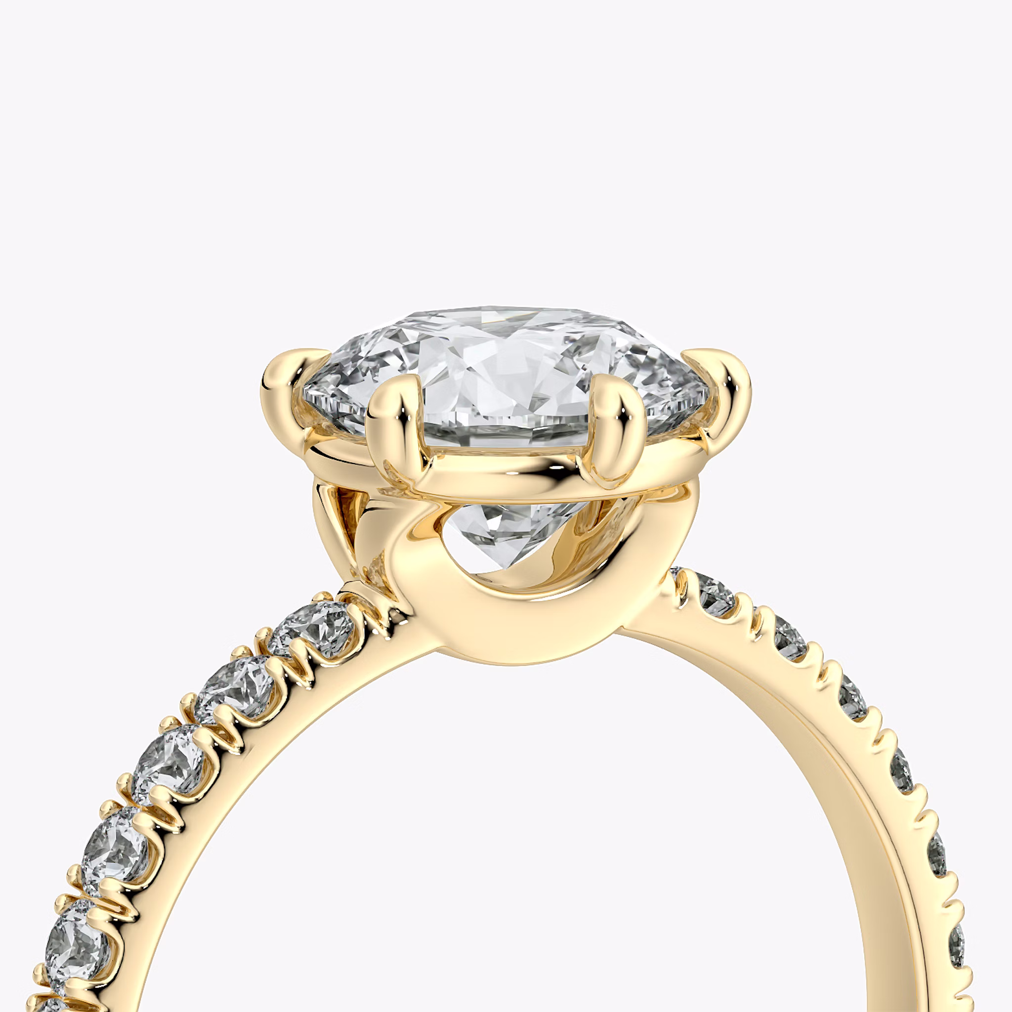 The Signature 6 Prong | Round Brilliant | 18k | Yellow Gold | bandAccent: Pavé | bandWidth: large | caratWeight: other | hiddenHalo: no | diamondOrientation: vertical