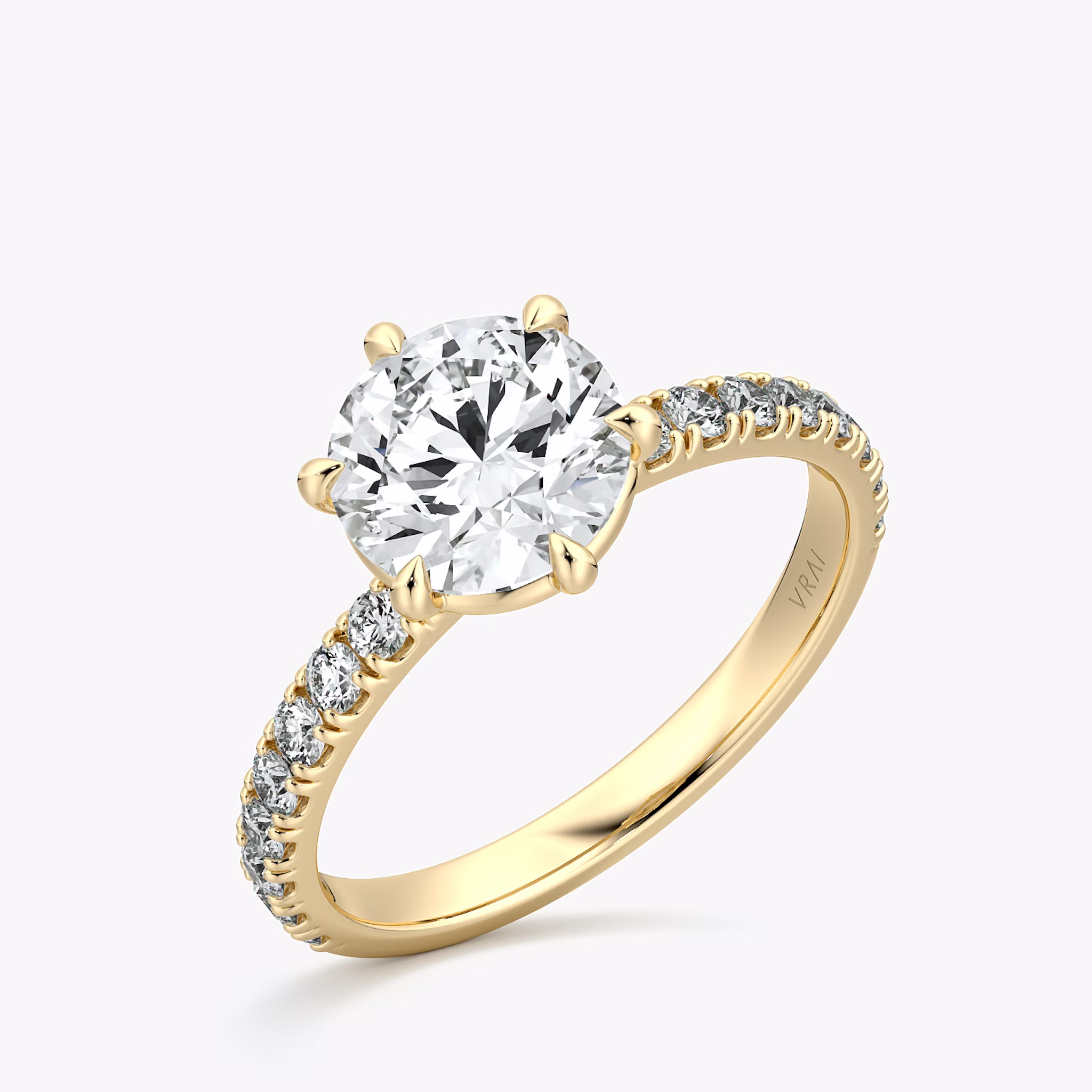 The Signature 6 Prong | Round Brilliant | 18k | Yellow Gold | bandAccent: Pavé | bandWidth: large | caratWeight: other | hiddenHalo: no | diamondOrientation: vertical