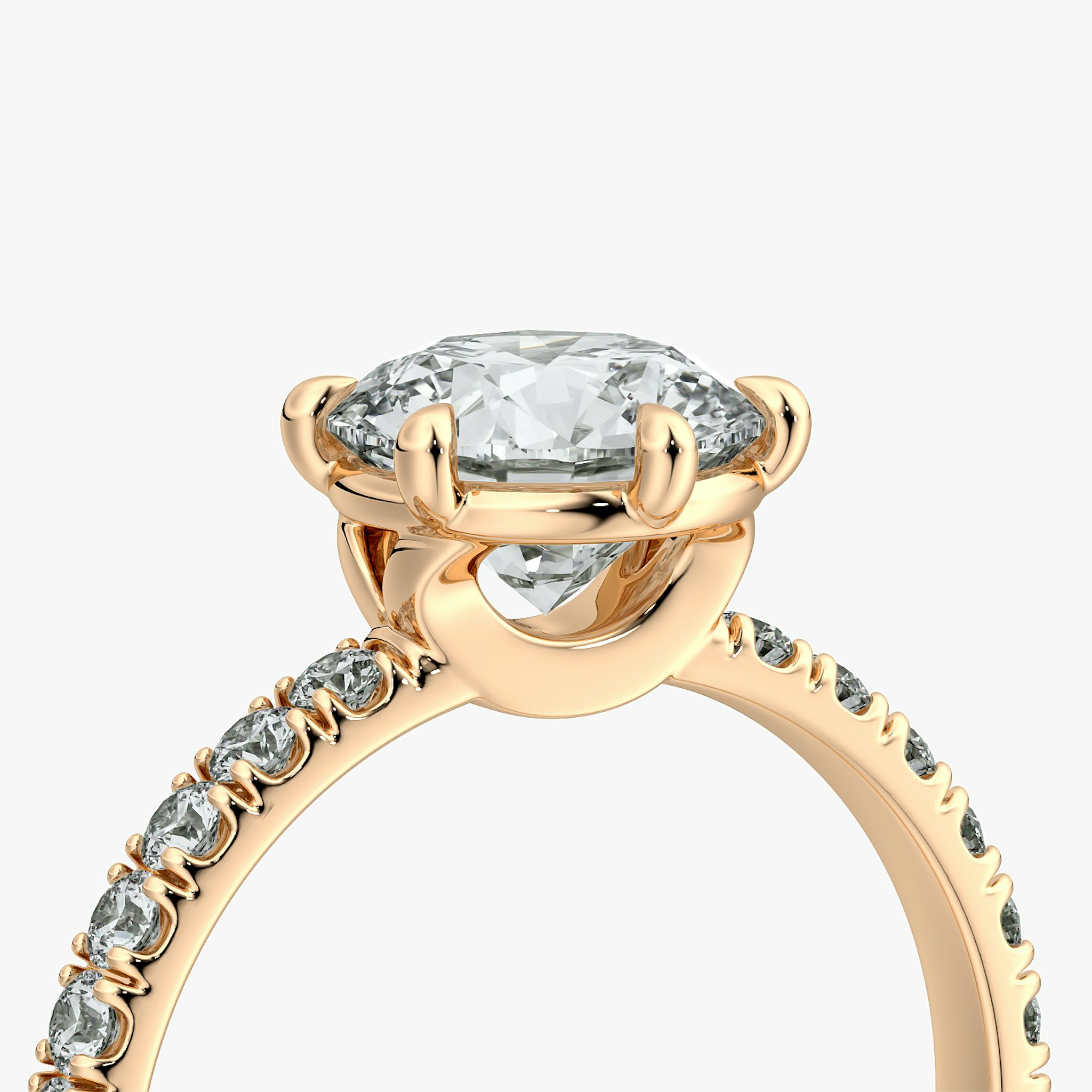 The Signature 6 Prong | Round Brilliant | 14k | Rose Gold | bandAccent: Pavé | bandWidth: large | caratWeight: other | hiddenHalo: no | diamondOrientation: vertical