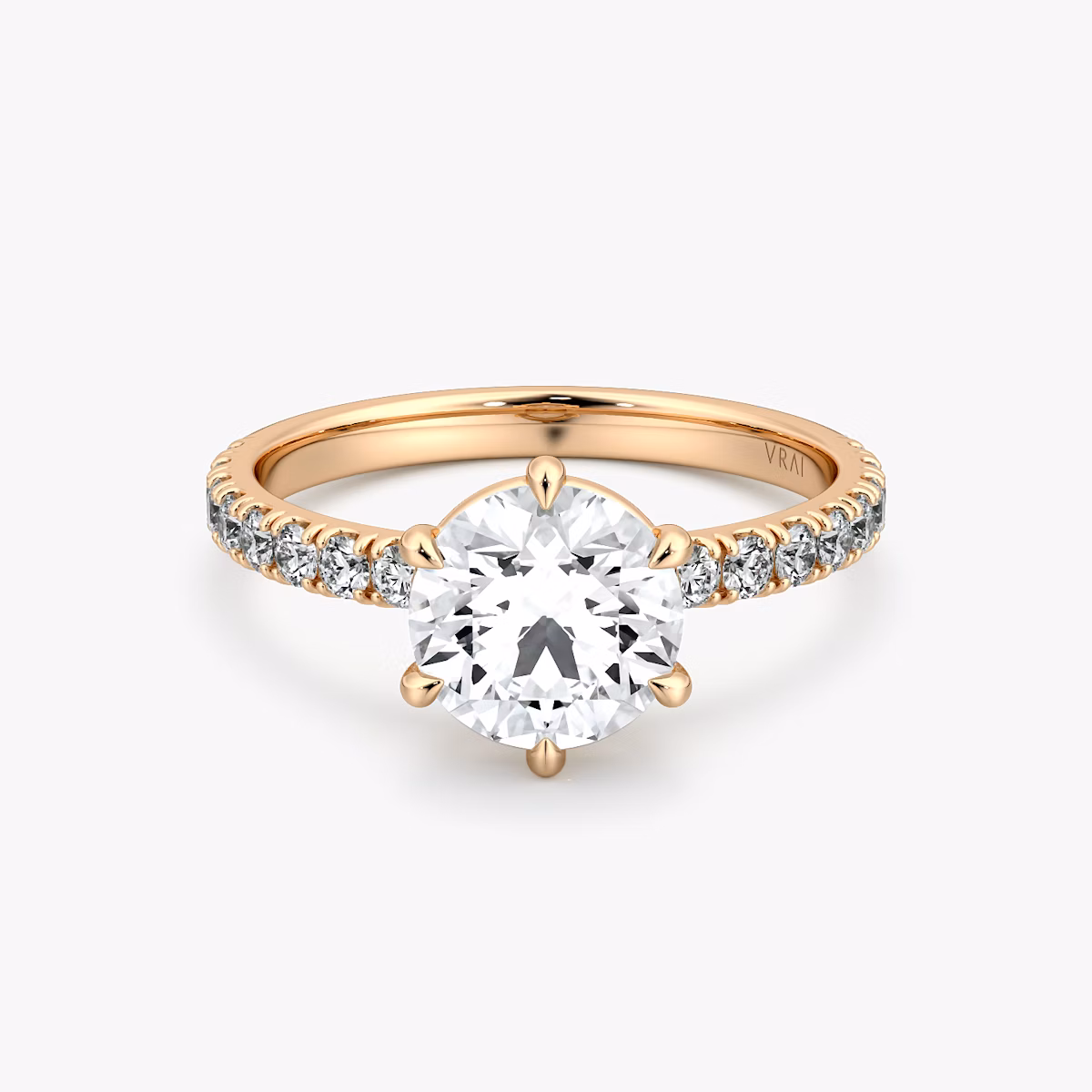 The Signature 6 Prong | Round Brilliant | 14k | Rose Gold | bandAccent: Pavé | bandWidth: large | caratWeight: 2.0ct | hiddenHalo: no | diamondOrientation: vertical