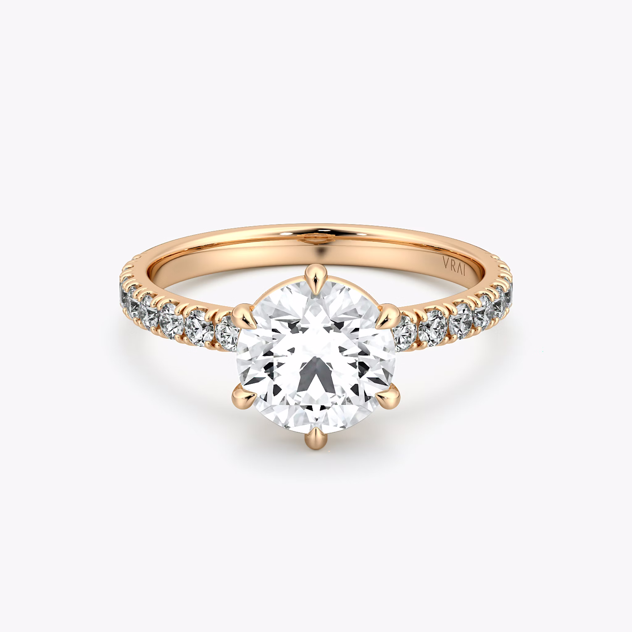 The Signature 6 Prong | Round Brilliant | 14k | Rose Gold | bandAccent: Pavé | bandWidth: large | caratWeight: other | hiddenHalo: no | diamondOrientation: vertical