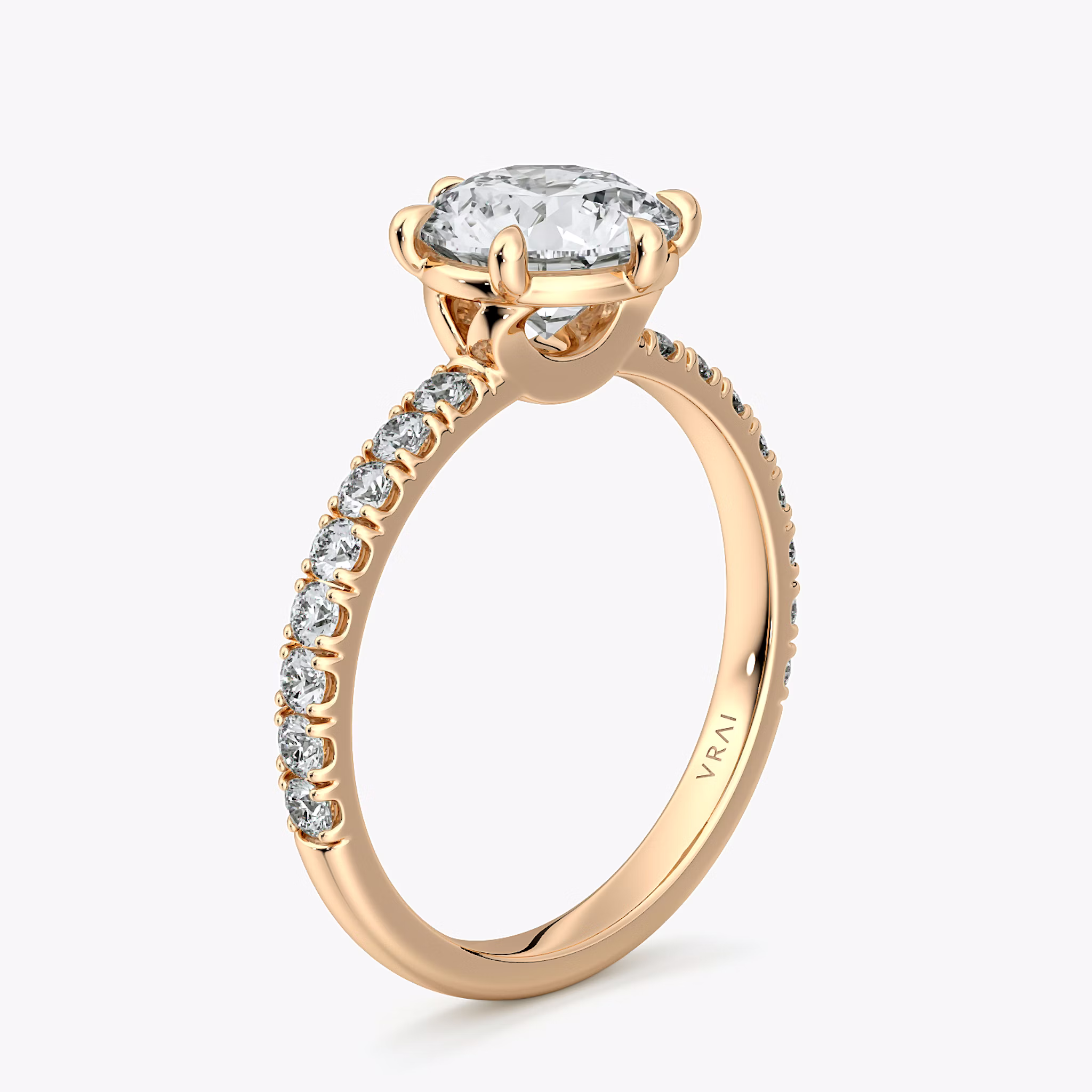 The Signature 6 Prong | Round Brilliant | 14k | Rose Gold | bandAccent: Pavé | bandWidth: large | caratWeight: other | hiddenHalo: no | diamondOrientation: vertical