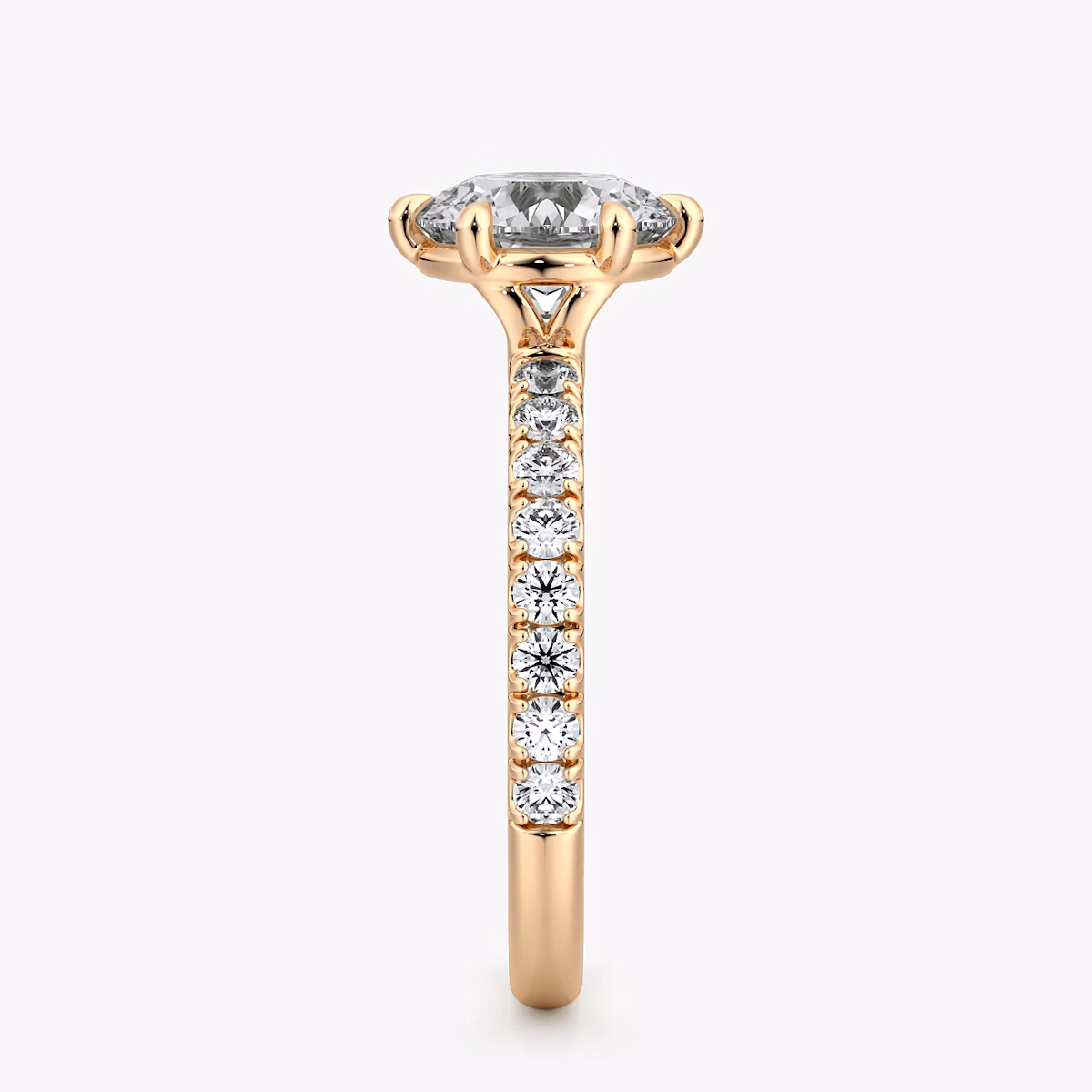 The Signature 6 Prong | Round Brilliant | 14k | Rose Gold | bandAccent: Pavé | bandWidth: large | caratWeight: 2.0ct | hiddenHalo: no | diamondOrientation: vertical