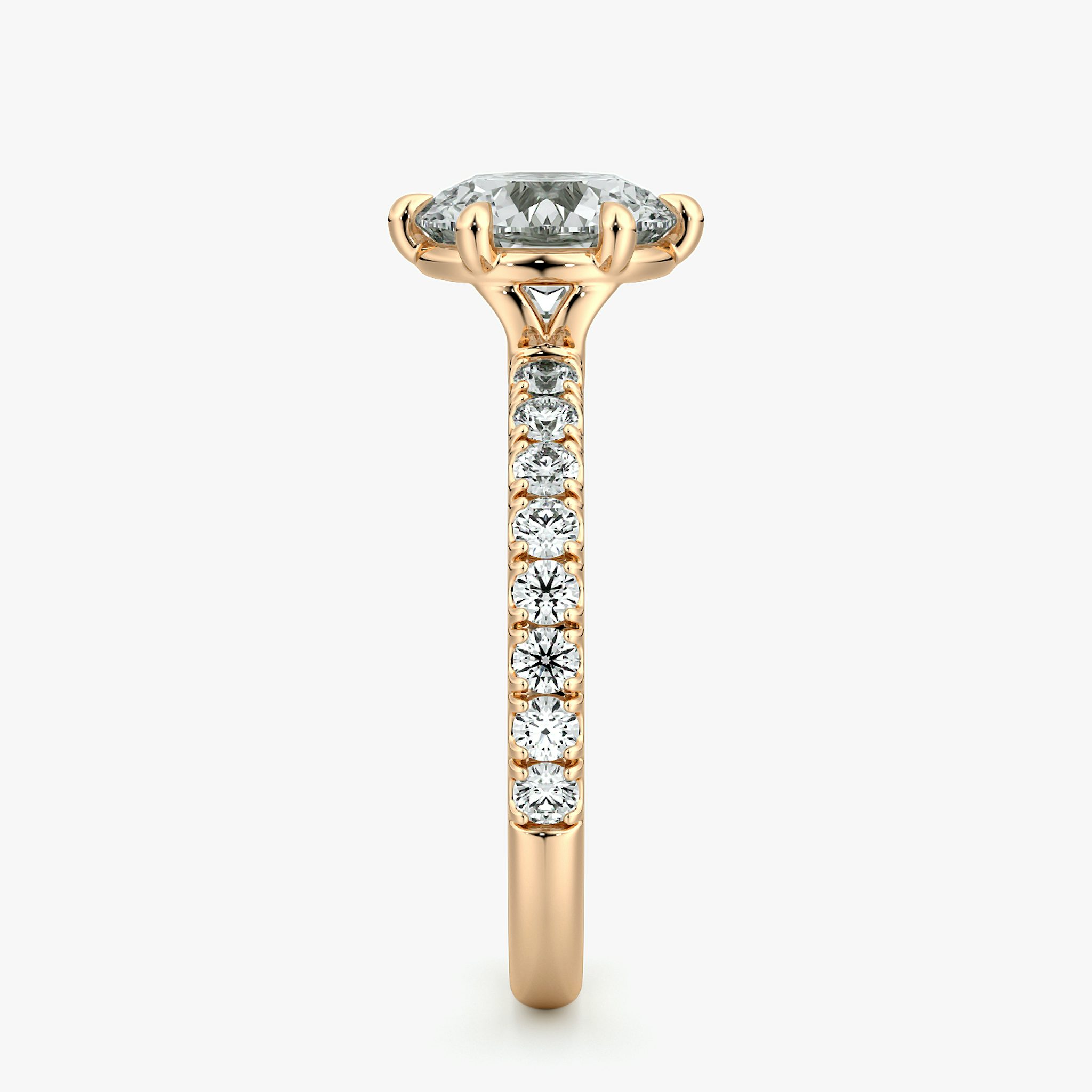 The Signature 6 Prong | Round Brilliant | 14k | Rose Gold | bandAccent: Pavé | bandWidth: large | caratWeight: other | hiddenHalo: no | diamondOrientation: vertical