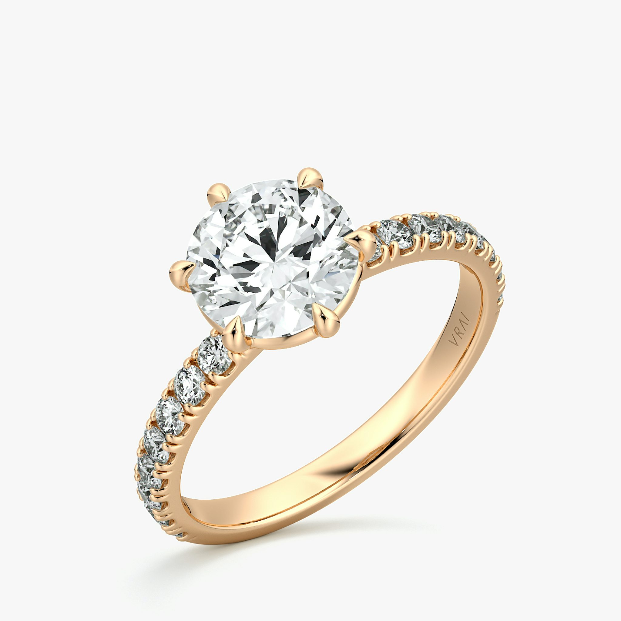 The Signature 6 Prong | Round Brilliant | 14k | Rose Gold | bandAccent: Pavé | bandWidth: large | caratWeight: other | hiddenHalo: no | diamondOrientation: vertical