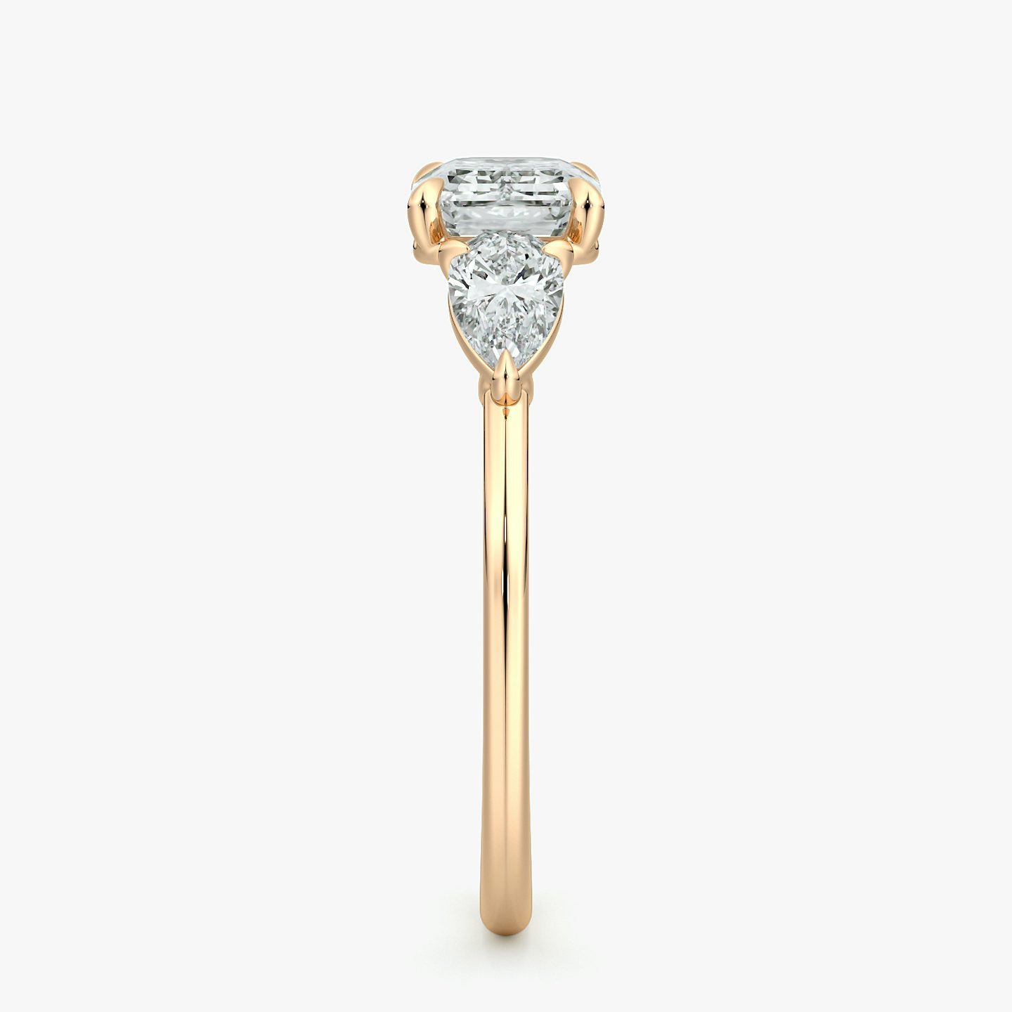 The Three Stone | Emerald | 14k | Rose Gold | bandAccent: Plain | diamondOrientation: horizontal | sideStoneCarat: 0.25ct | sideStoneShape: Pear | caratWeight: other