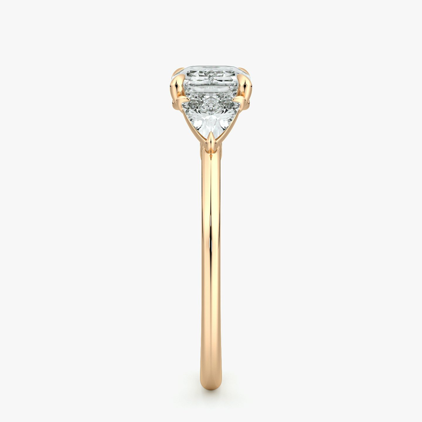 The Three Stone | Emerald | 14k | Rose Gold | bandAccent: Plain | diamondOrientation: horizontal | sideStoneCarat: 0.25ct | sideStoneShape: Trillion | caratWeight: other