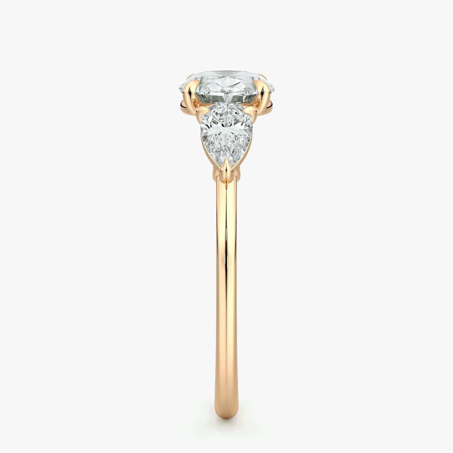 The Three Stone | Oval | 14k | Rose Gold | bandAccent: Plain | diamondOrientation: horizontal | sideStoneCarat: 0.25ct | sideStoneShape: Pear | caratWeight: other