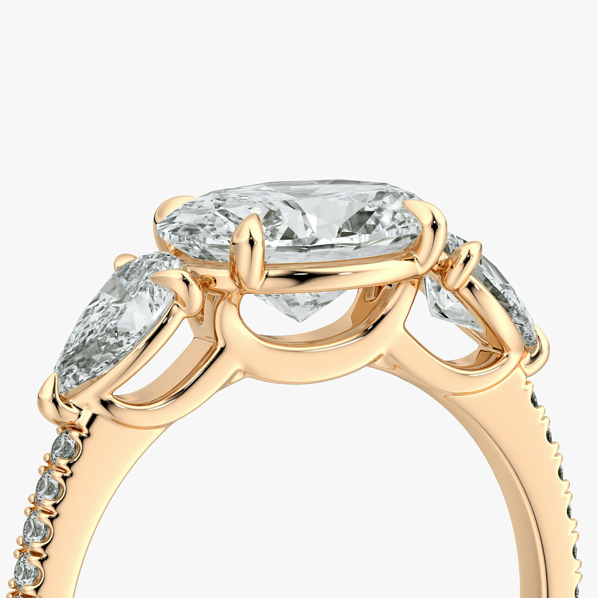 The Three Stone | Oval | 14k | Rose Gold | bandAccent: Pavé | diamondOrientation: horizontal | sideStoneCarat: 0.25ct | sideStoneShape: Pear | caratWeight: other